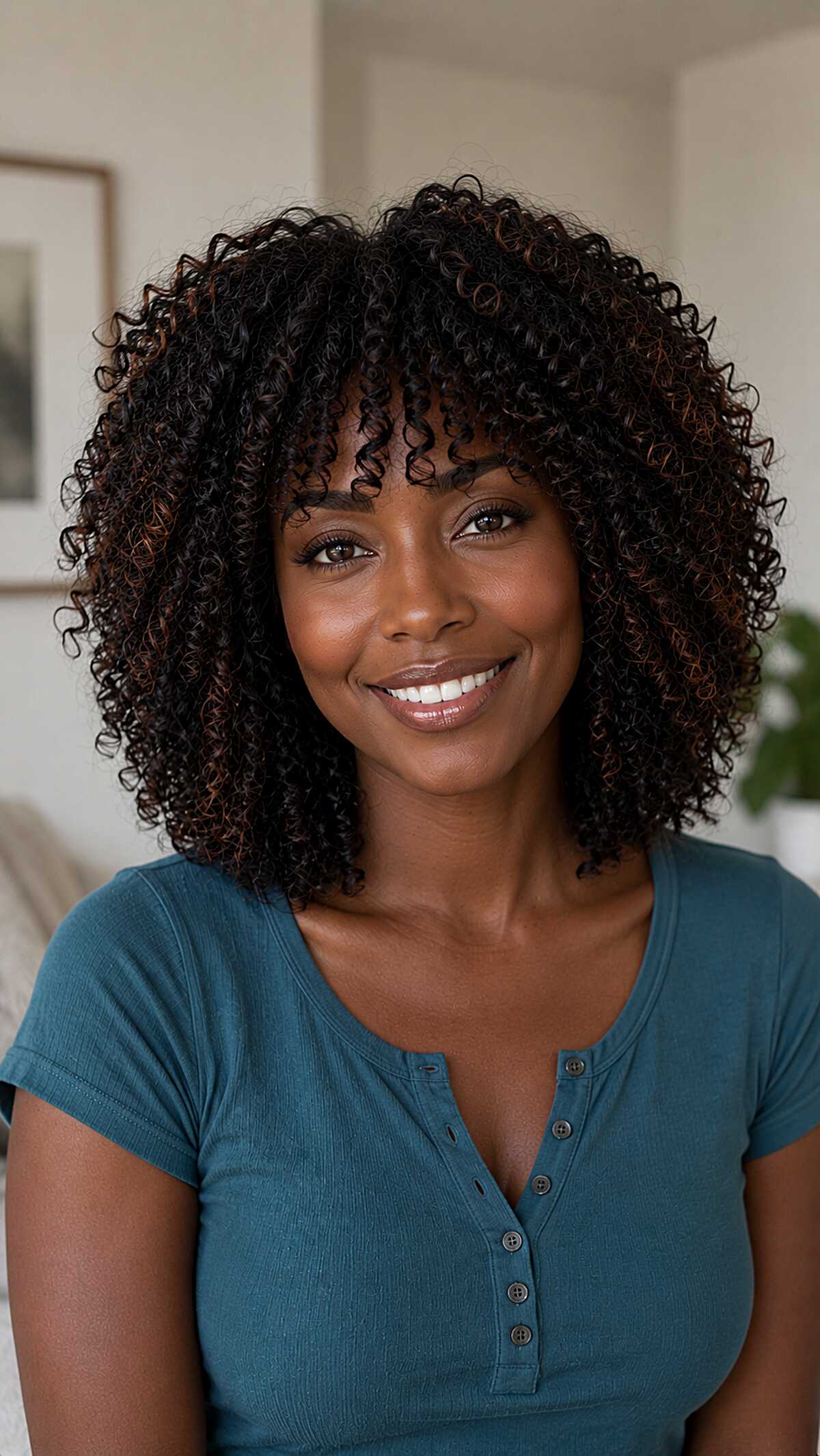 Medium-length tight curly hair with curly layered bangs