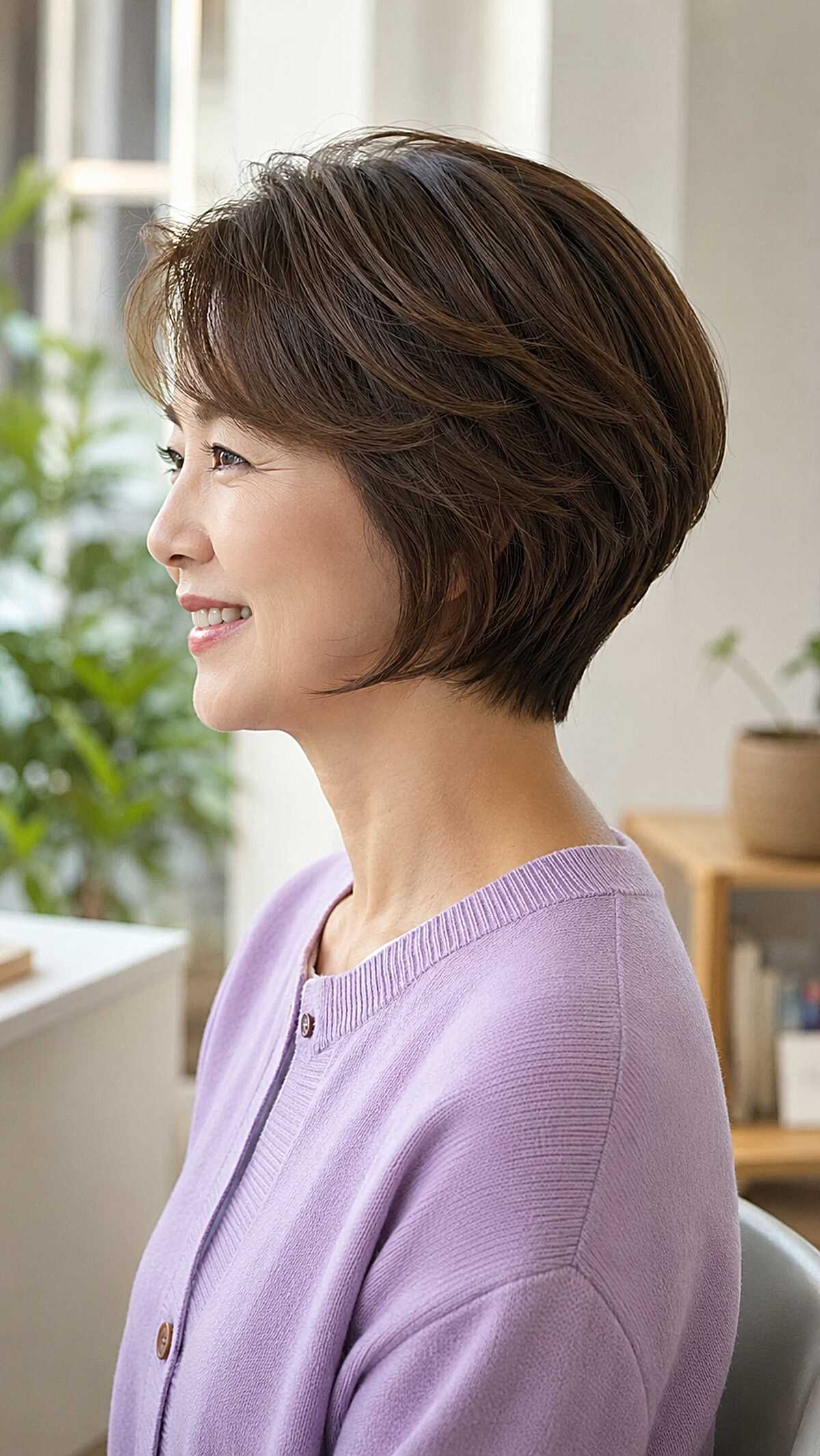 Warm brunette feathered stacked bob with crown volume