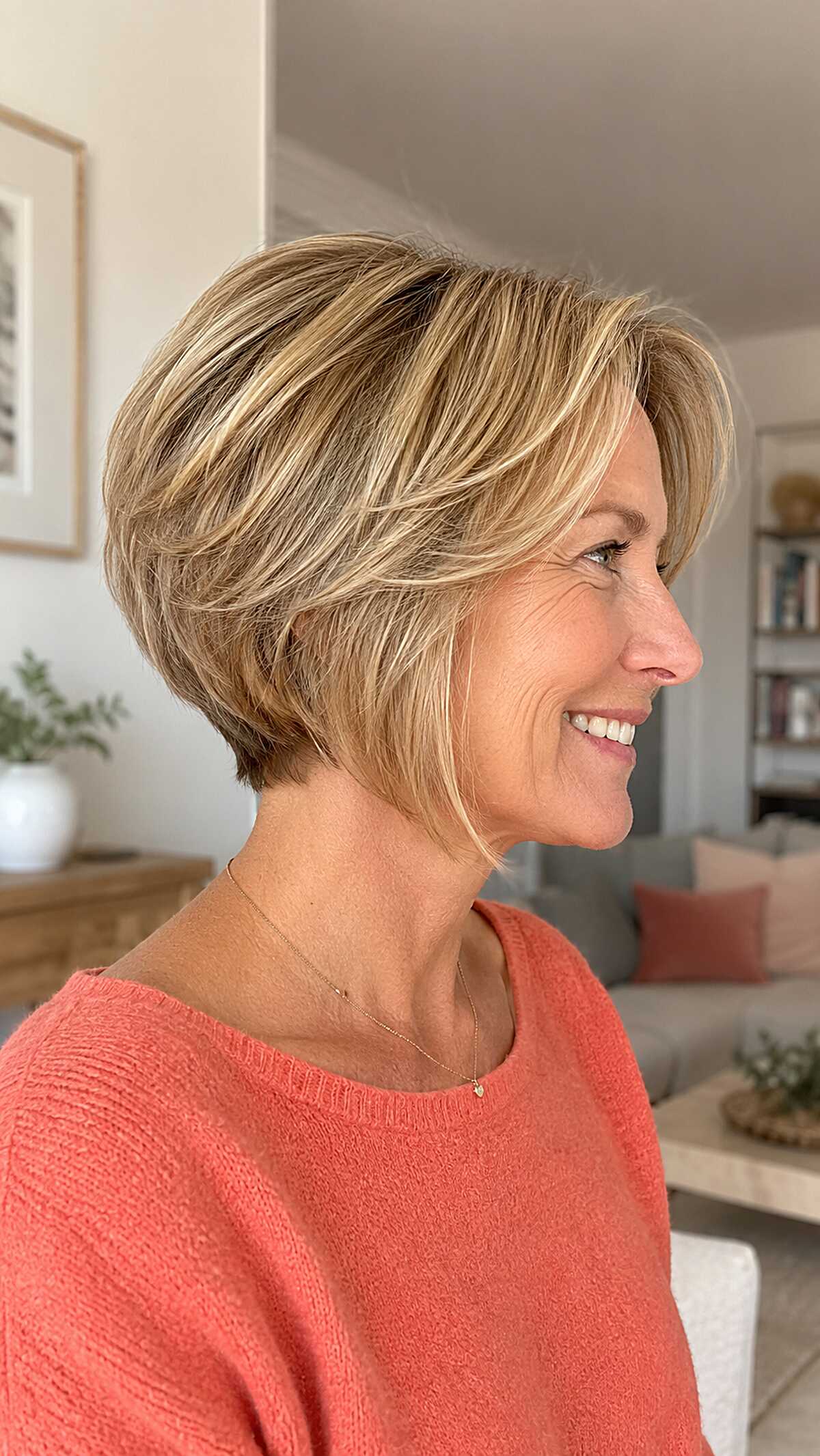 Warm honey blonde stacked bob with flipped layers