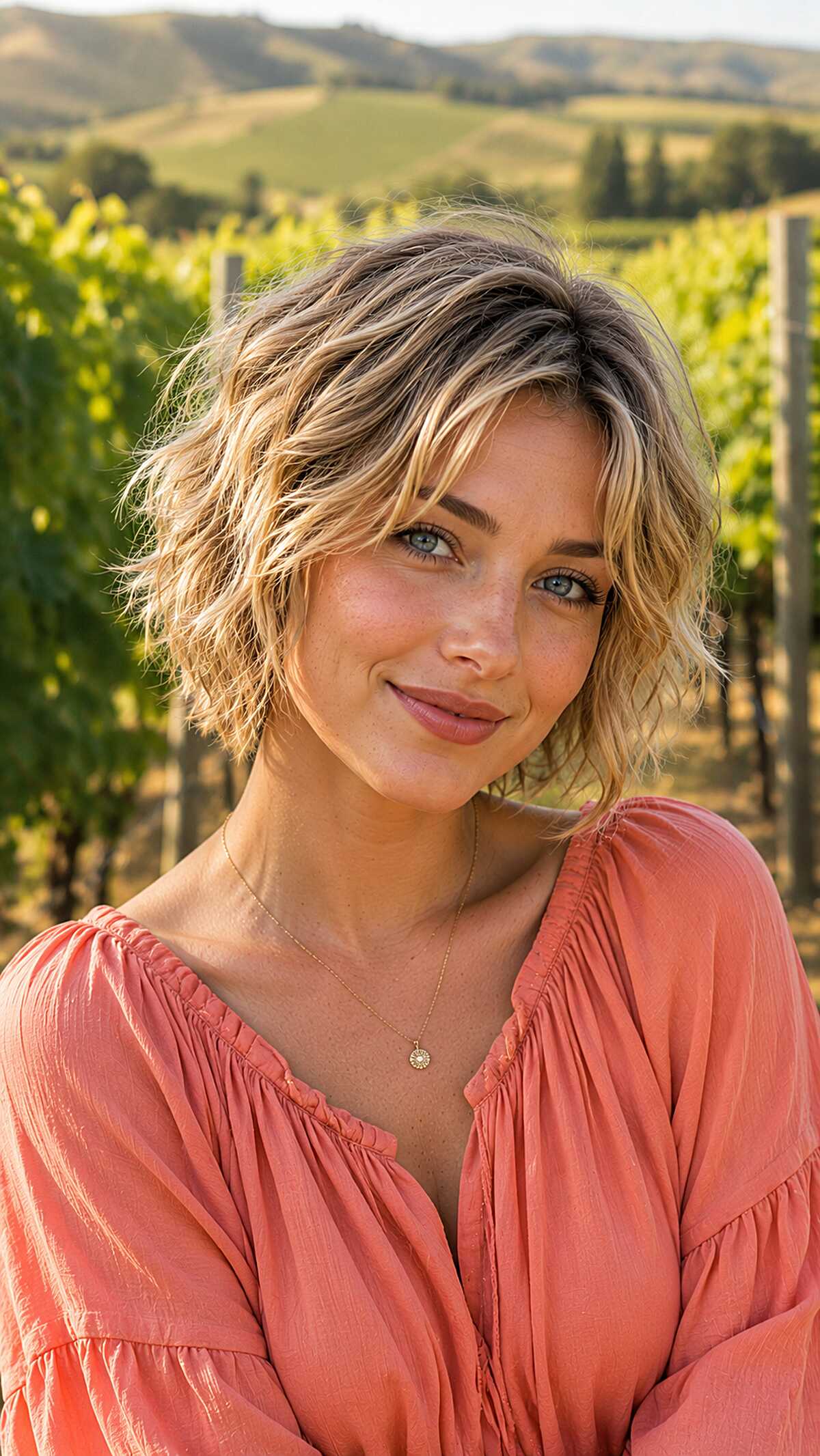 Short wavy blonde shag lite bob with dark roots