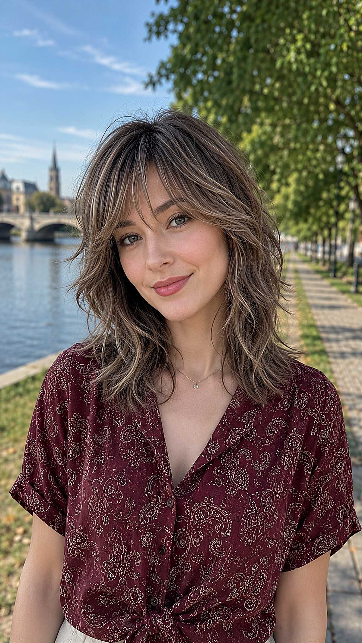 Medium wavy brunette shag lite with curtain bangs