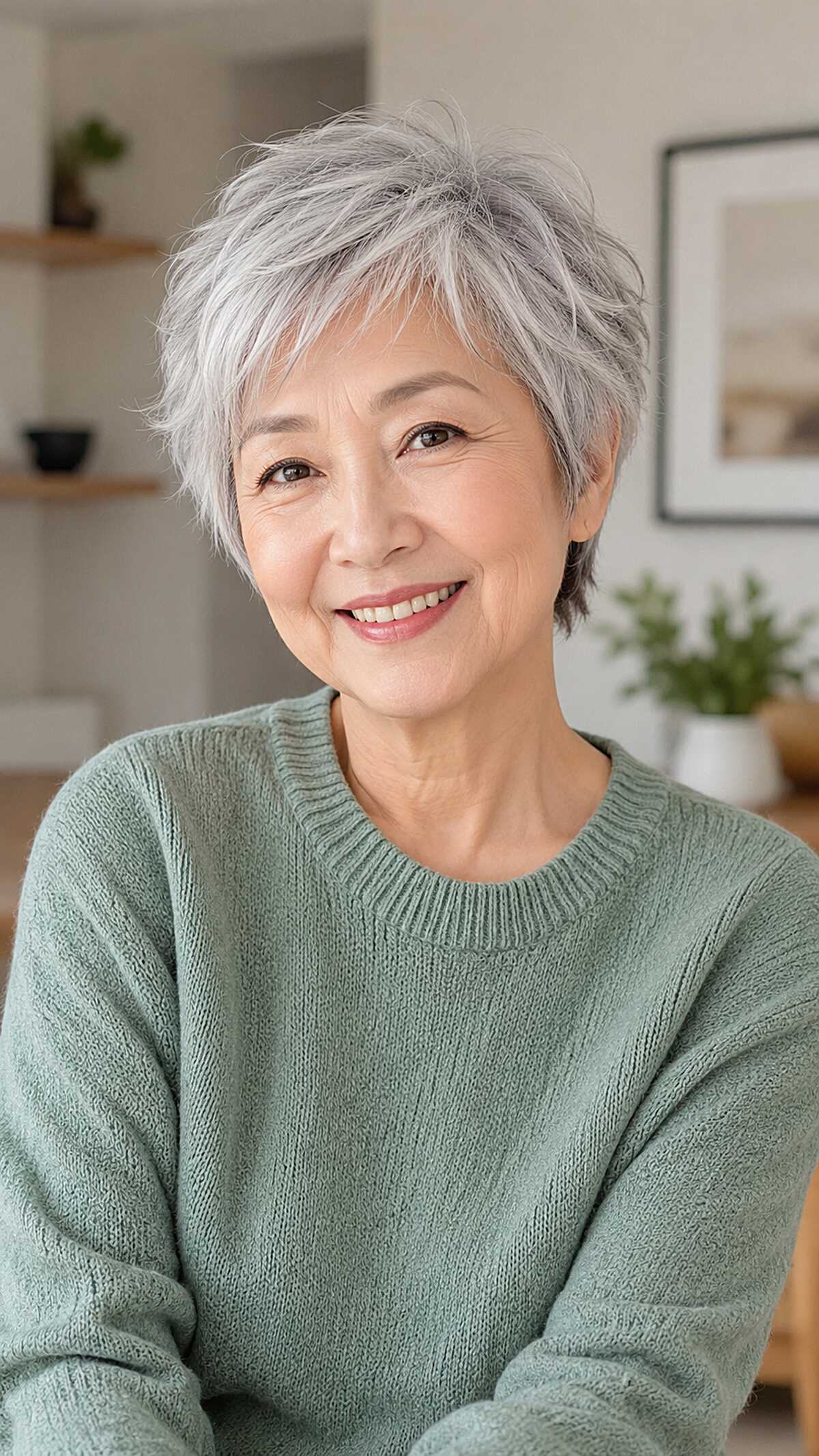 Airy silver pixie with feathered ends on fine hair