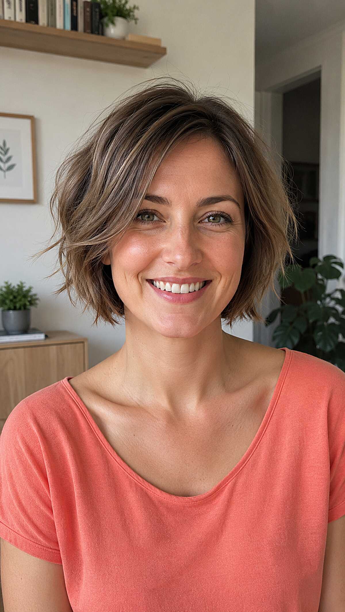 Tousled ash brown chin-length frayed bob with layers