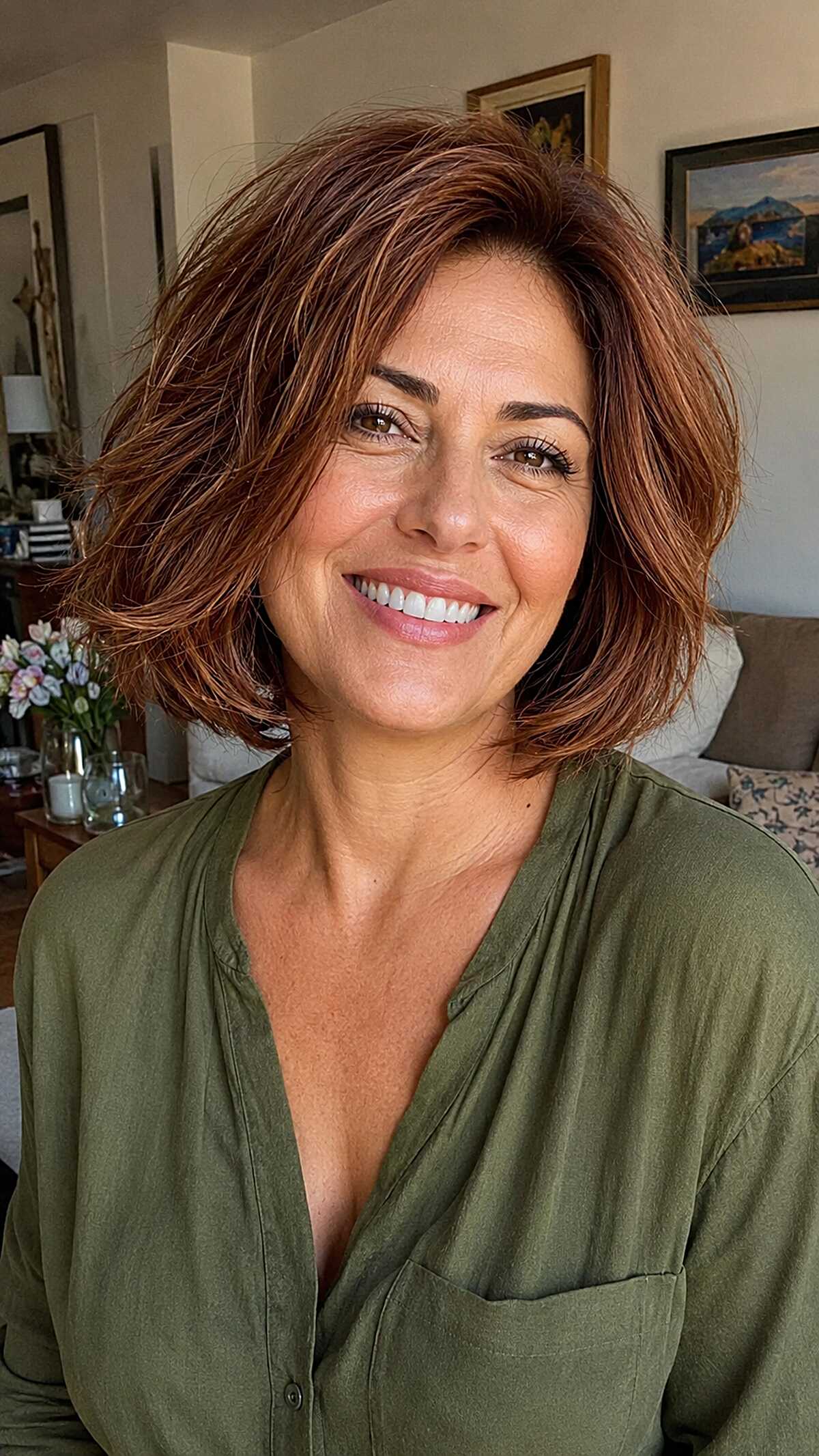 Voluminous auburn copper frayed bob with chunky layers