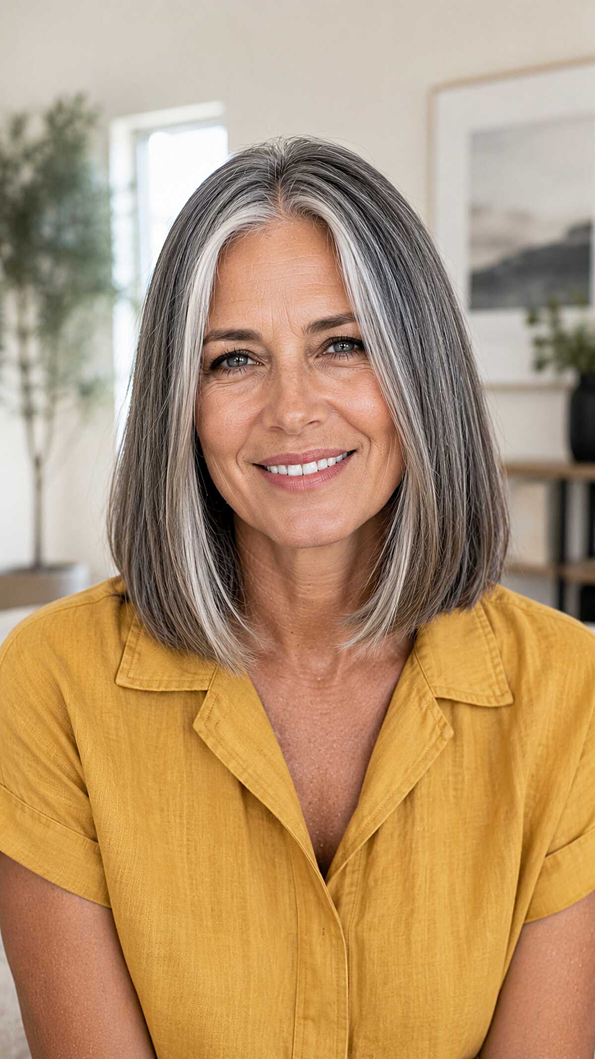 Blunt Collarbone Bob with Bright Silver Panels on Medium Density Hair