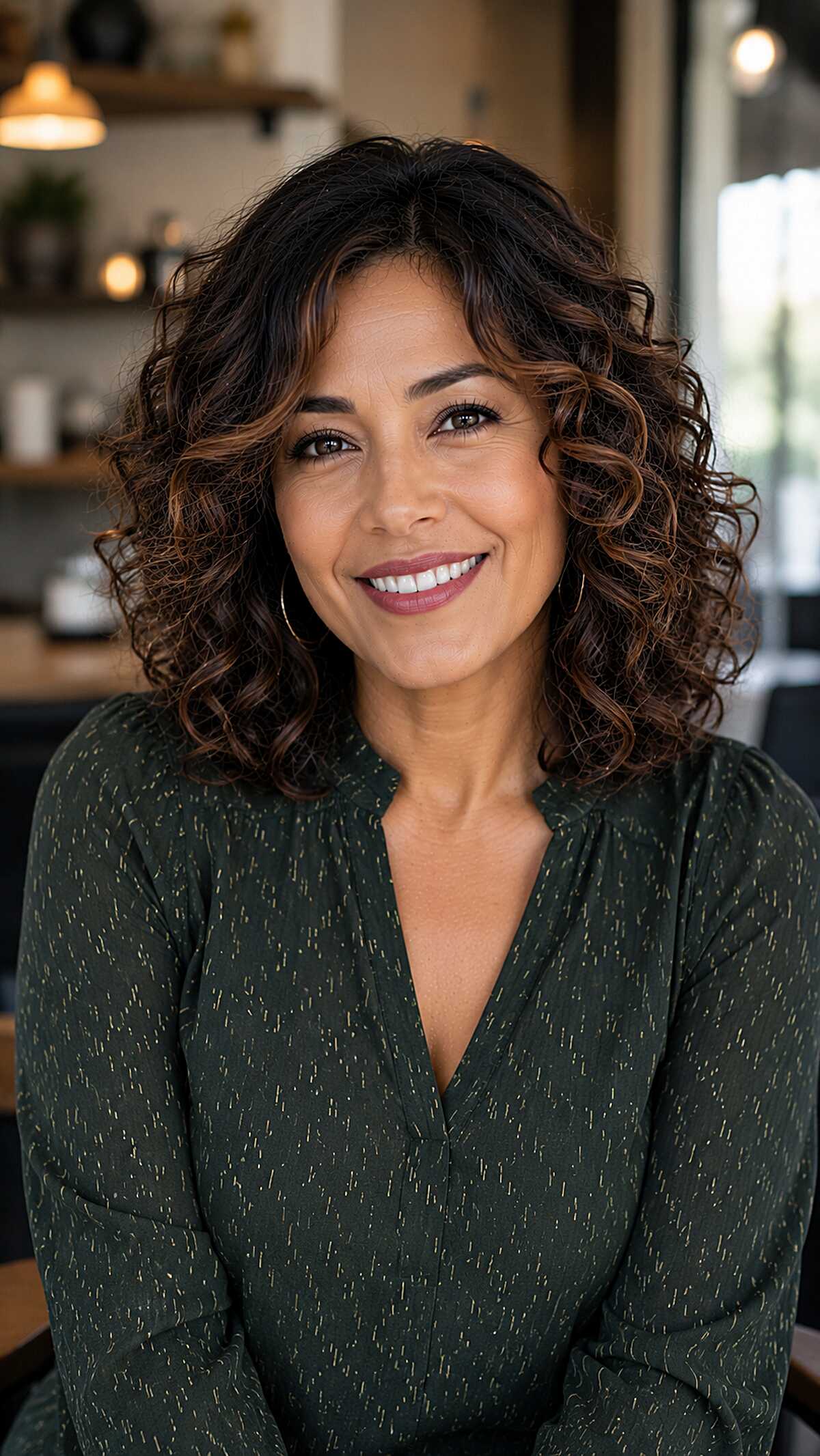 Bouncy Curly Layers with Warm Auburn Highlights