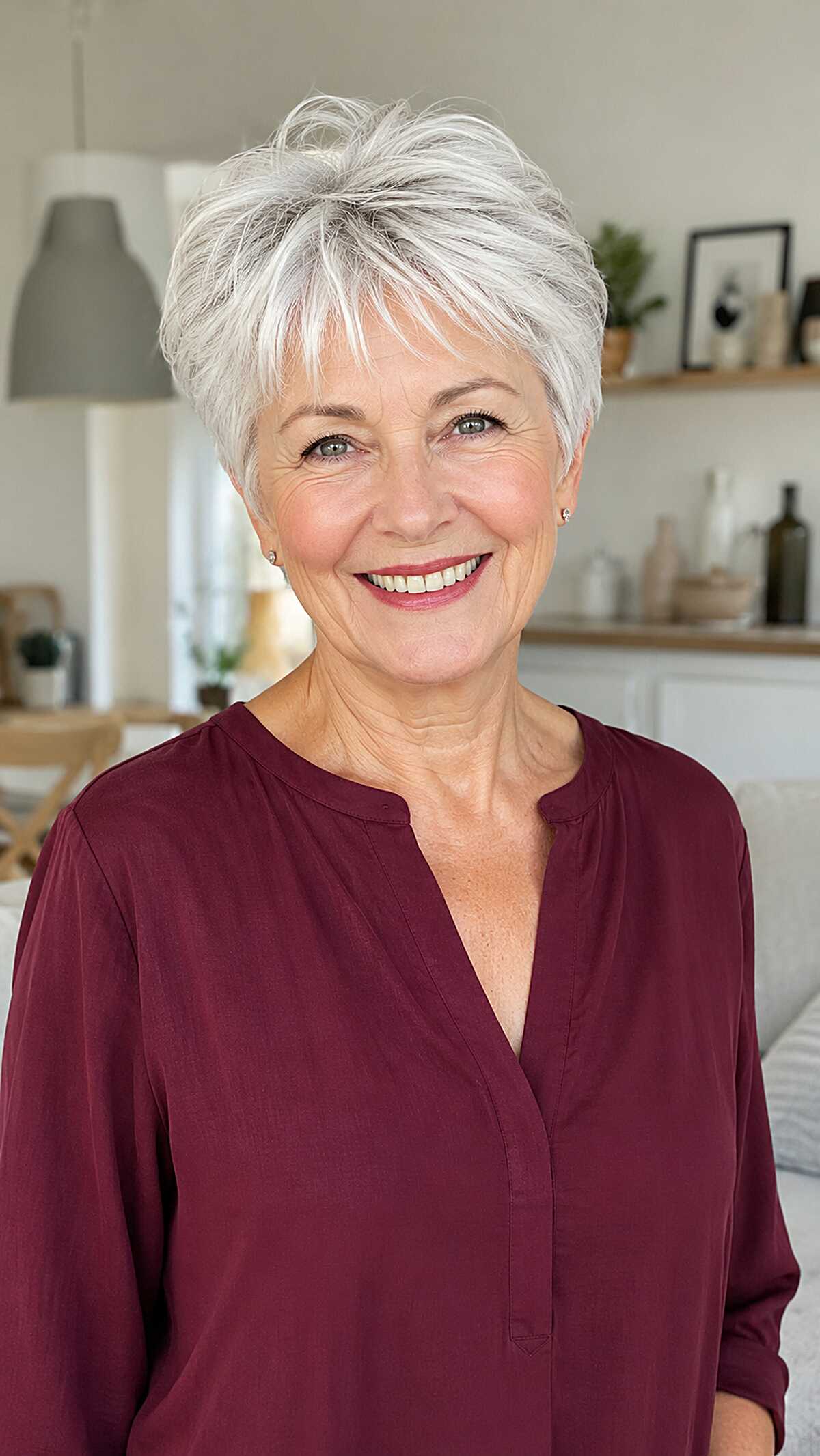 Bright silver pixie with side-swept fringe and volume