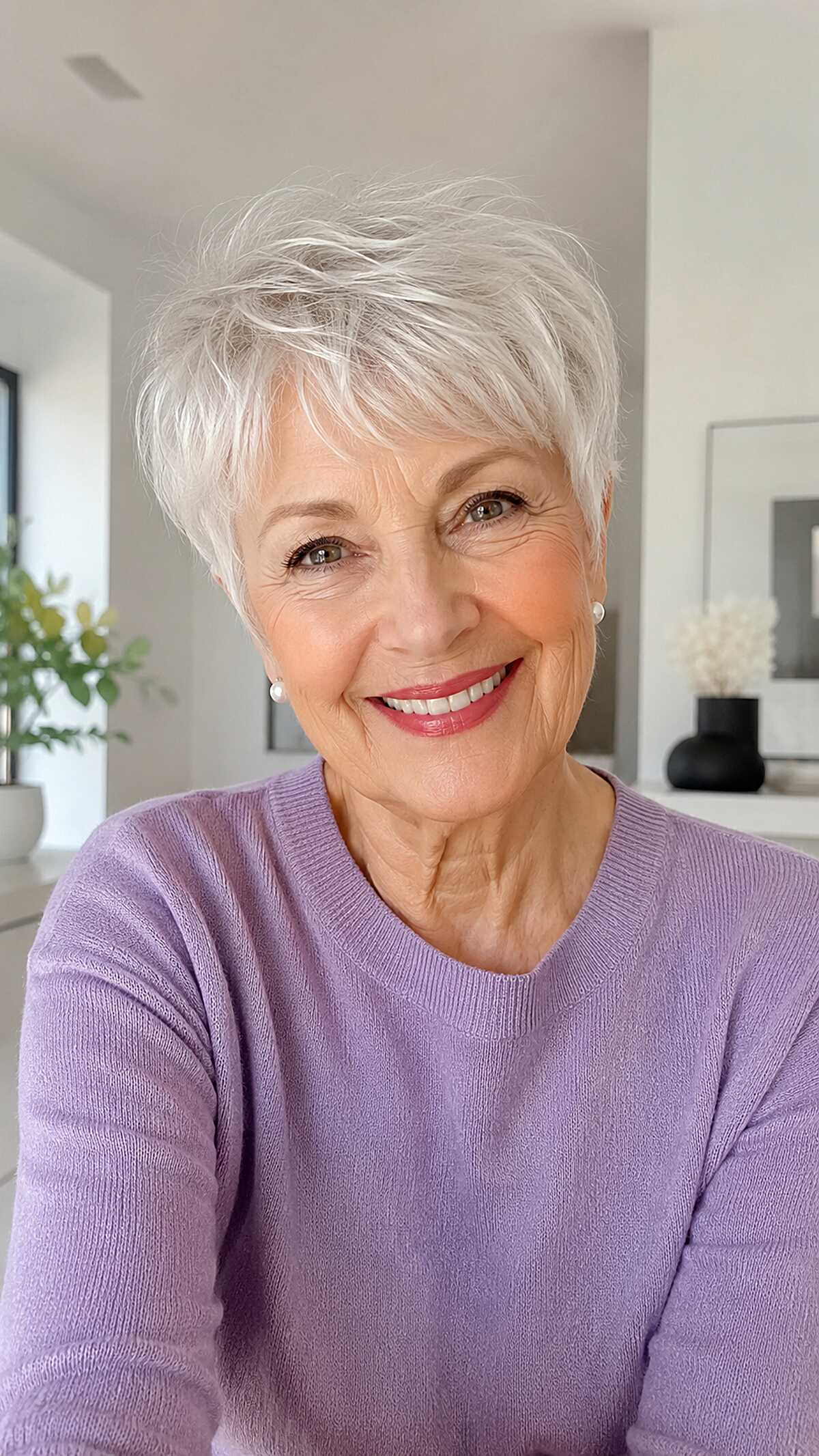 Bright white textured pixie with wispy bangs