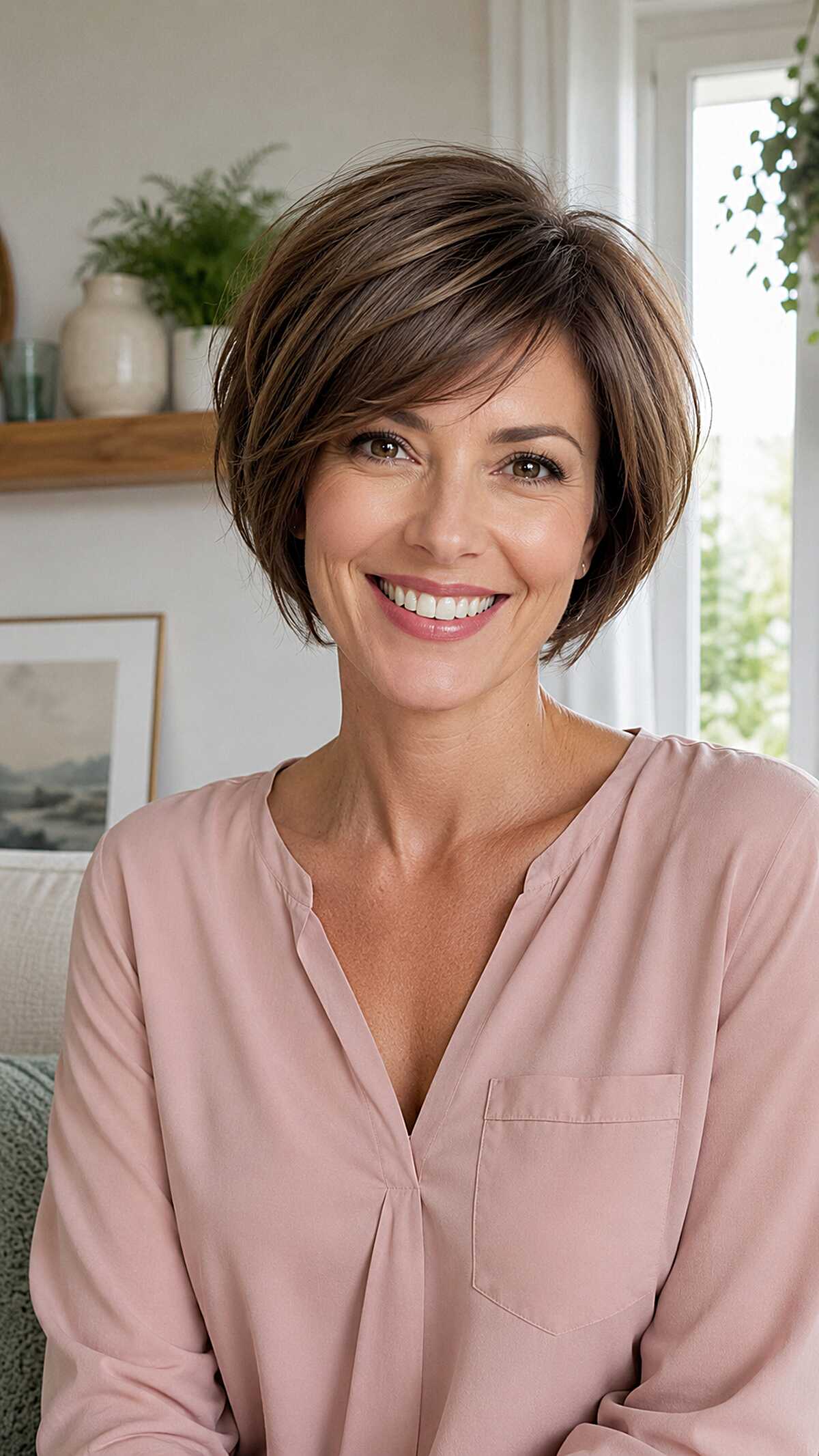 Brunette Bixie with Sweeping Bangs and Soft Volume