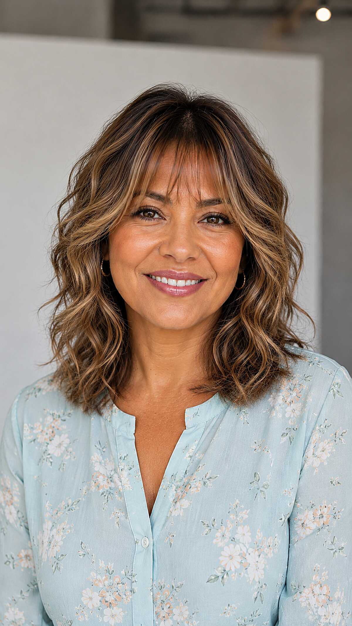 Caramel-Kissed Wavy Shag with Soft Bangs