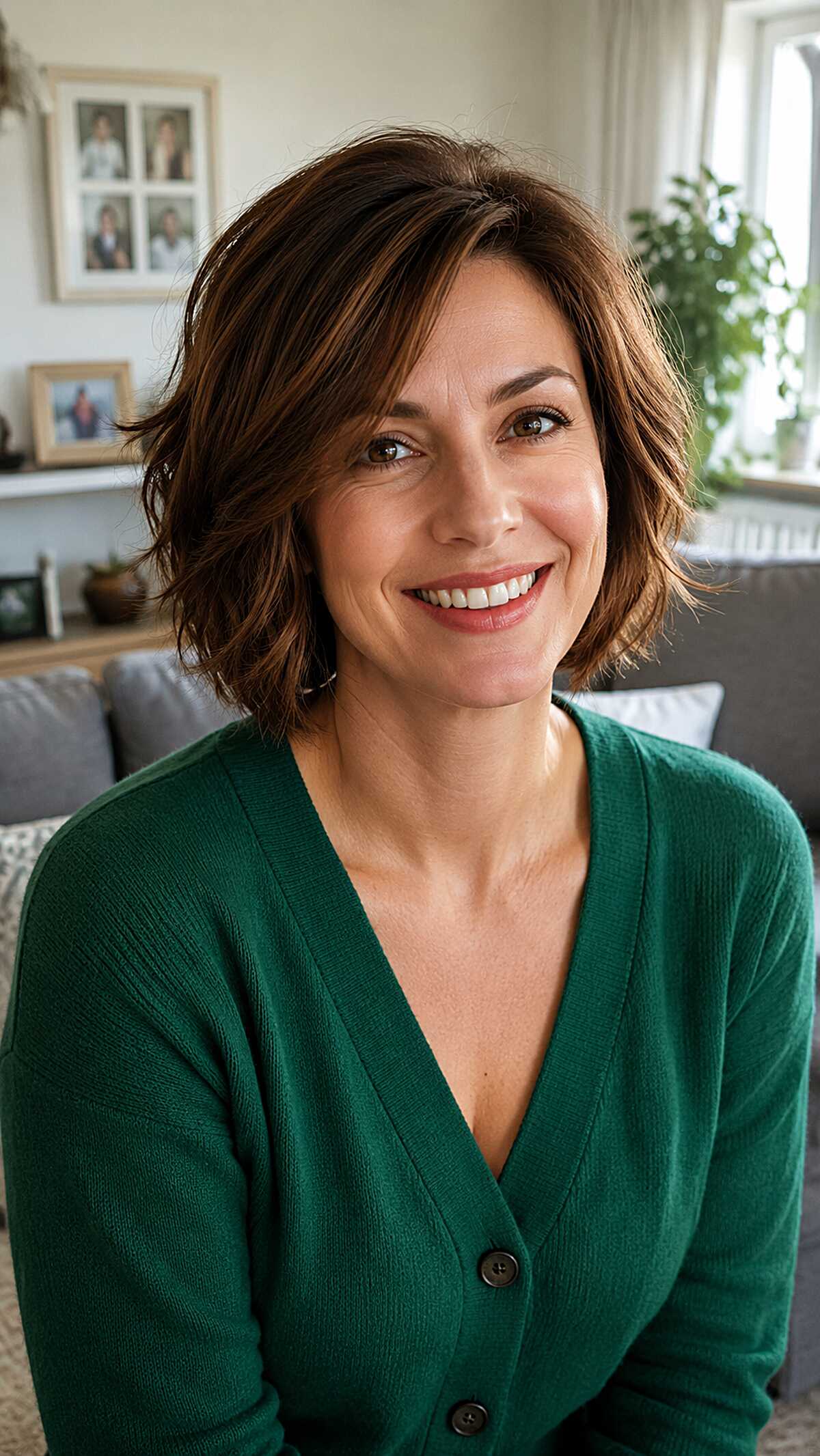 Chestnut brown frayed bob with face-framing layers