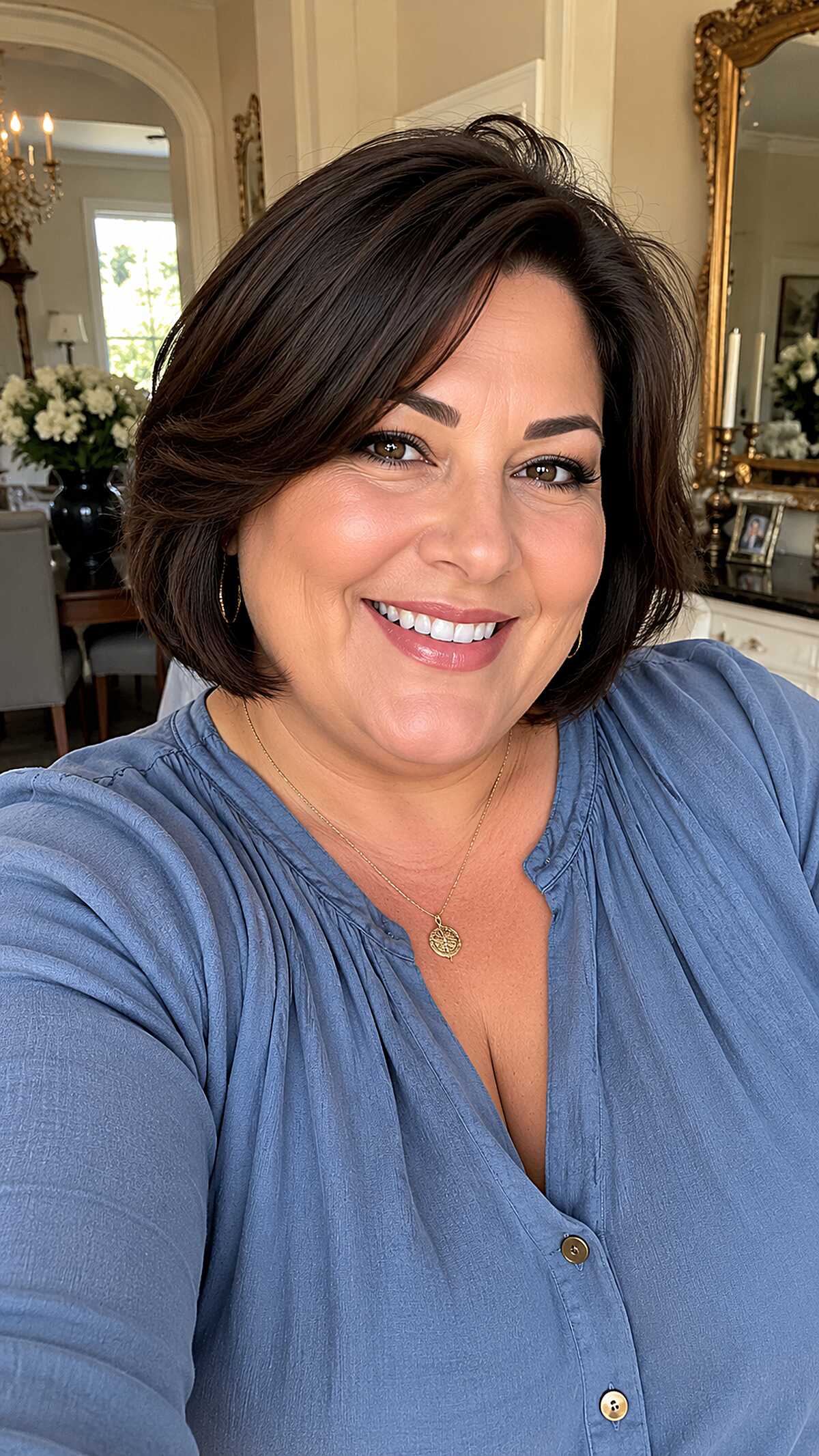 Dark brunette chin-length layered bob with deep side part