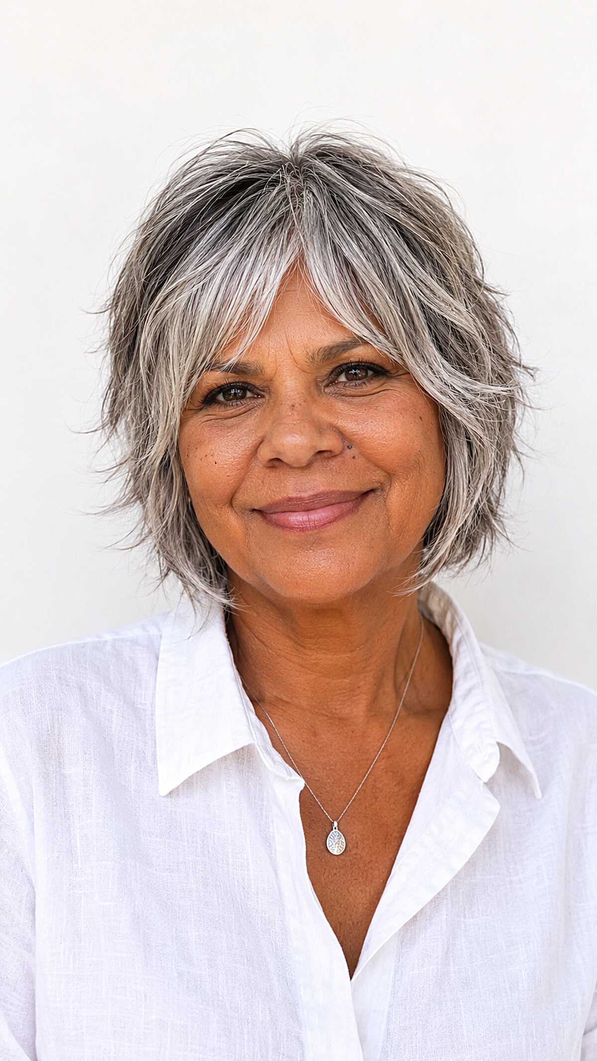 Chin-Length Salt and Pepper Shag with Razored Wispy Fringe
