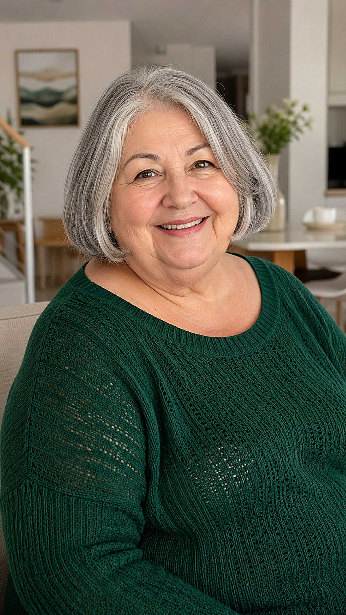 Chin-length silver bob with soft center part