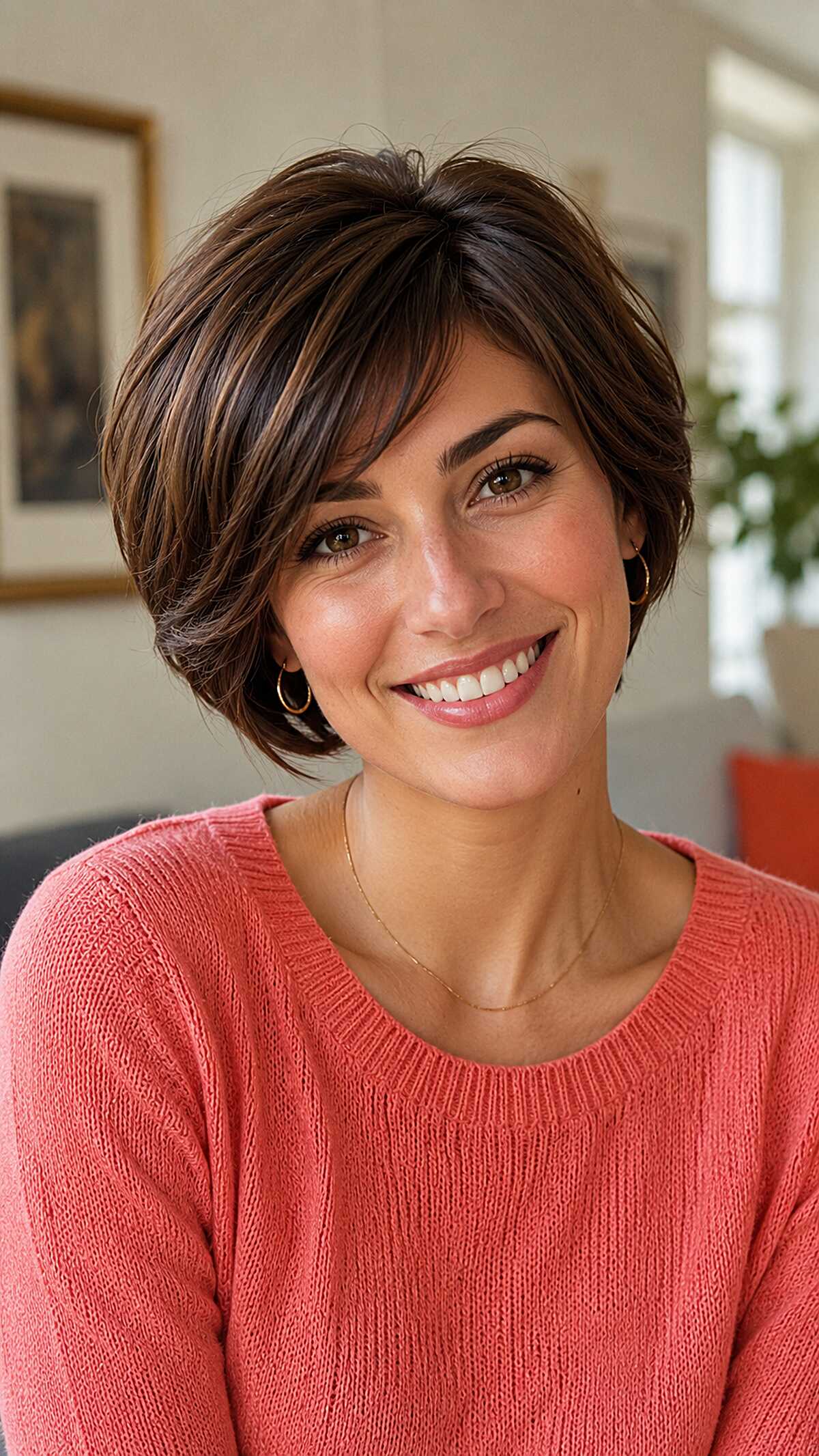 Rich Chocolate Bixie Haircut with Swooping Layers
