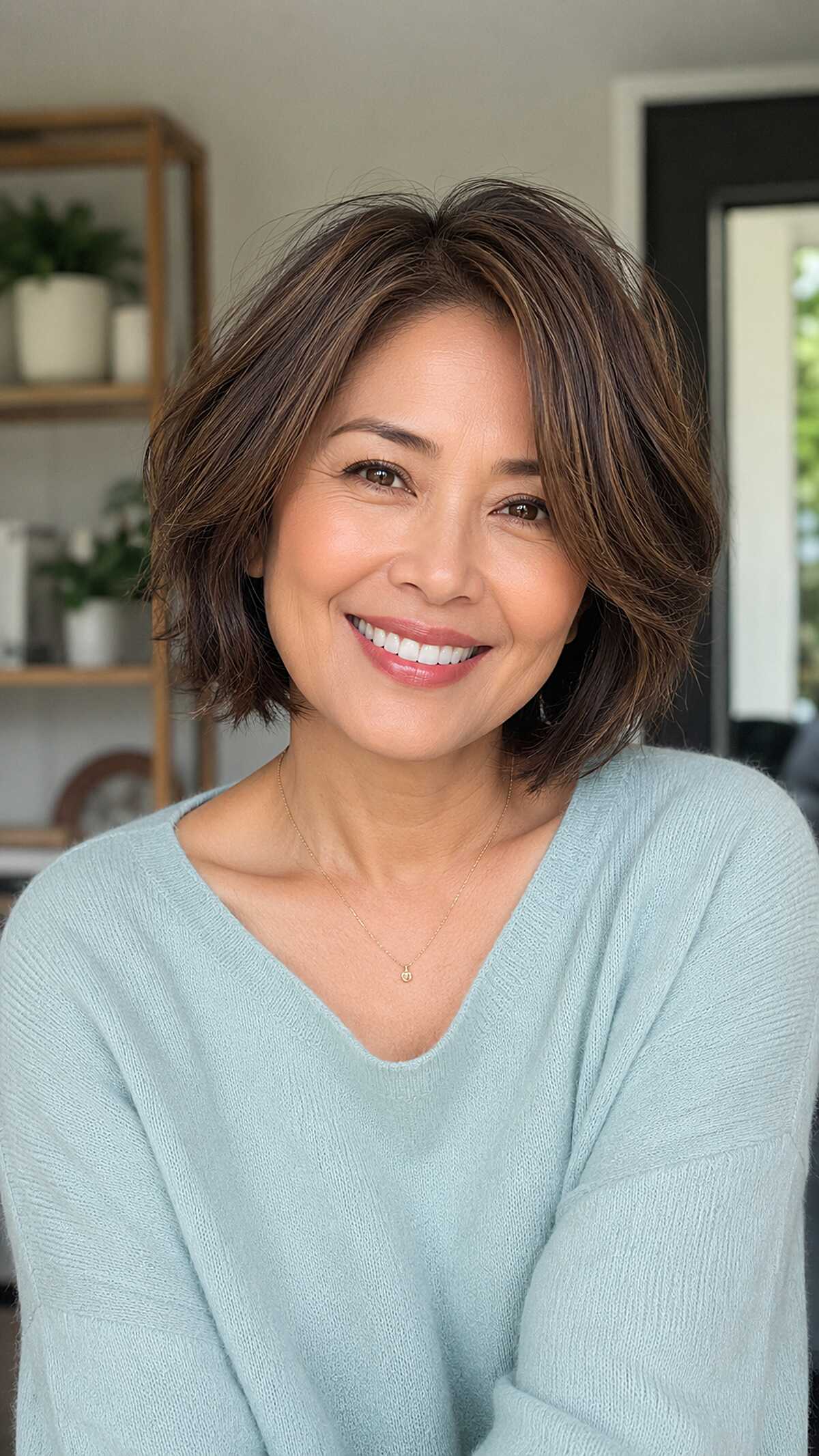 Side-swept chocolate brown chin-length frayed bob