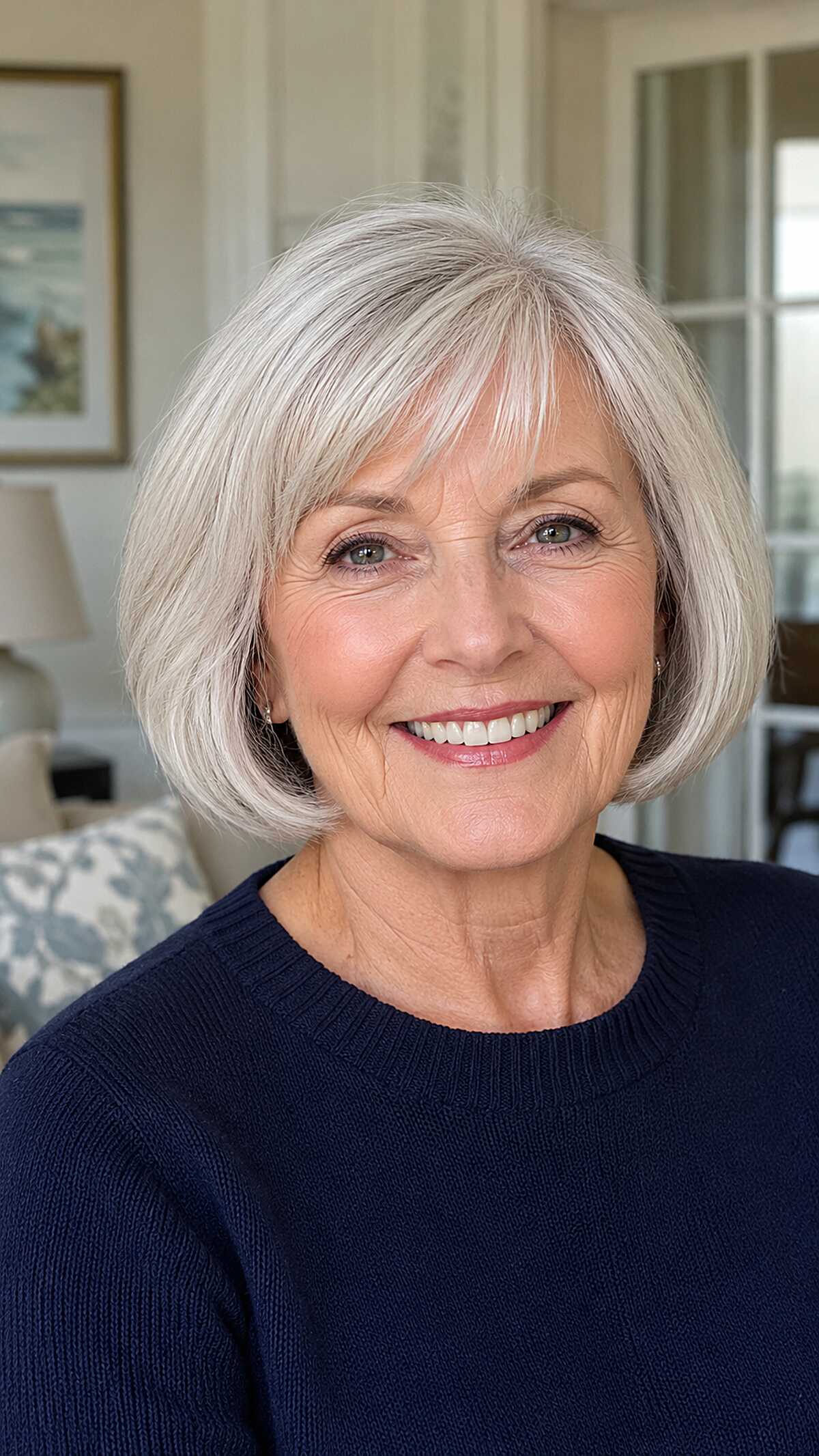 Classic chin-length silver bob with side-swept bangs