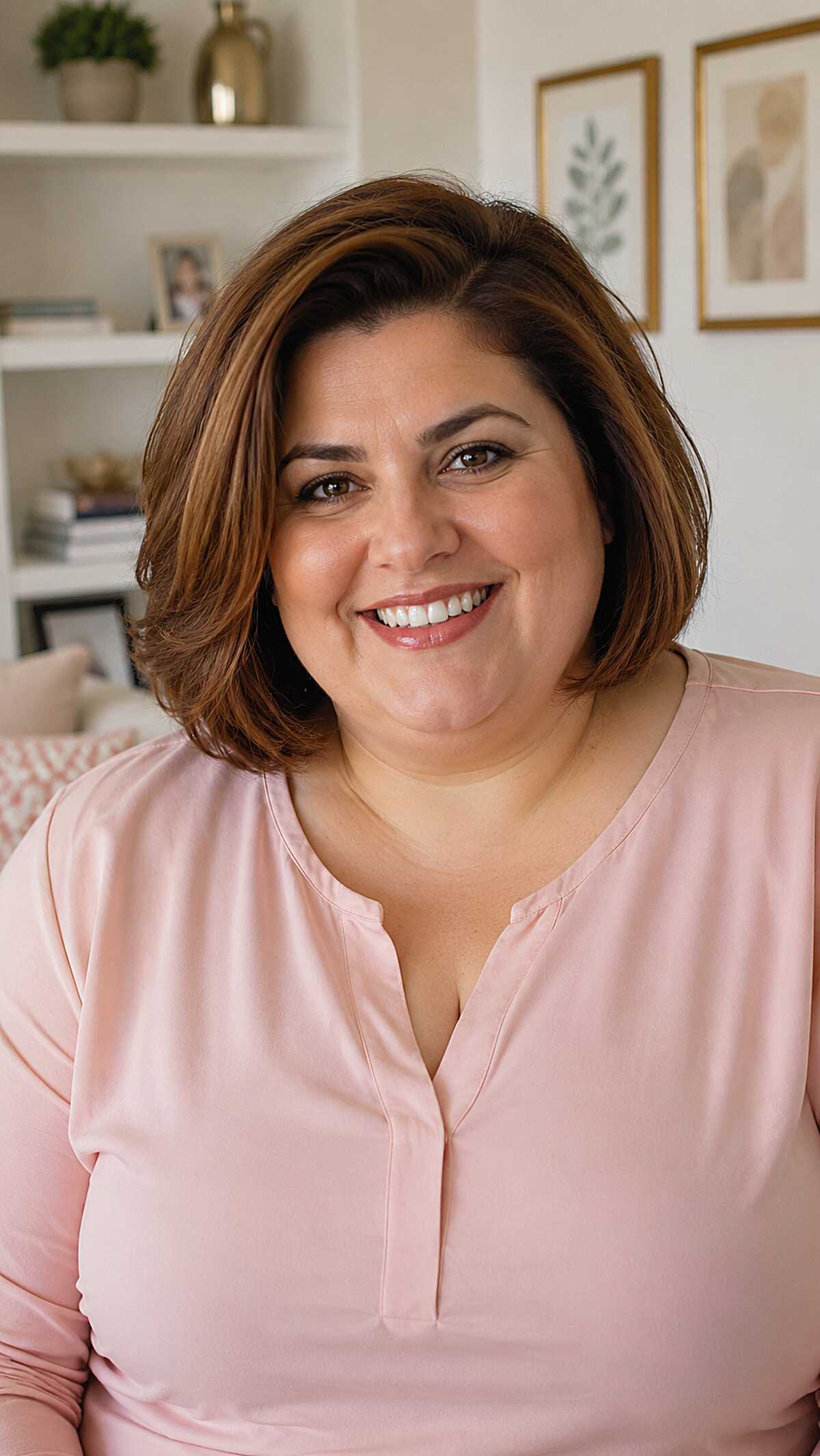 Chin-length brown bob with warm highlights and volume