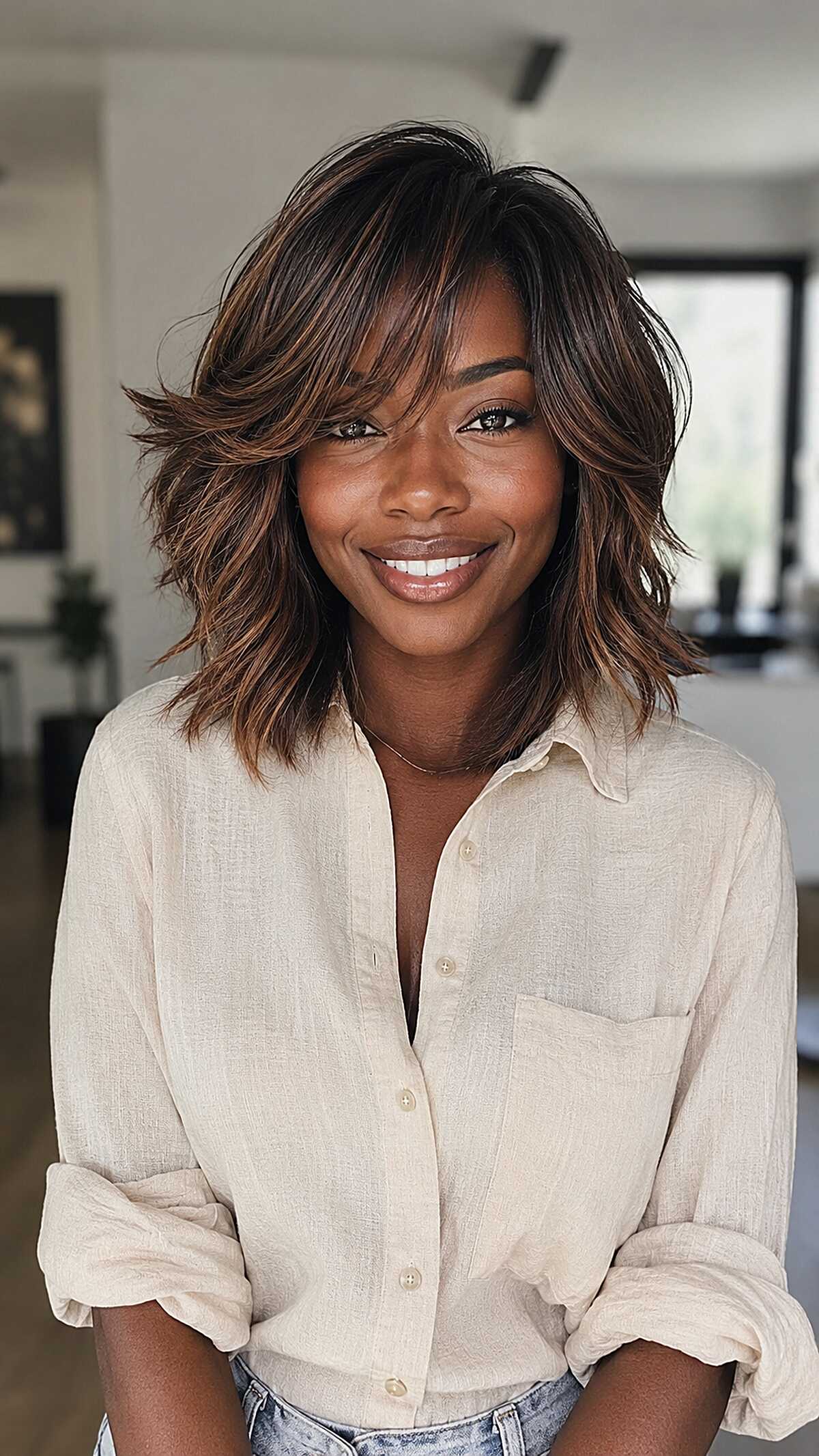 Collarbone Shag with Warm Toffee Highlights and Swooped Bangs