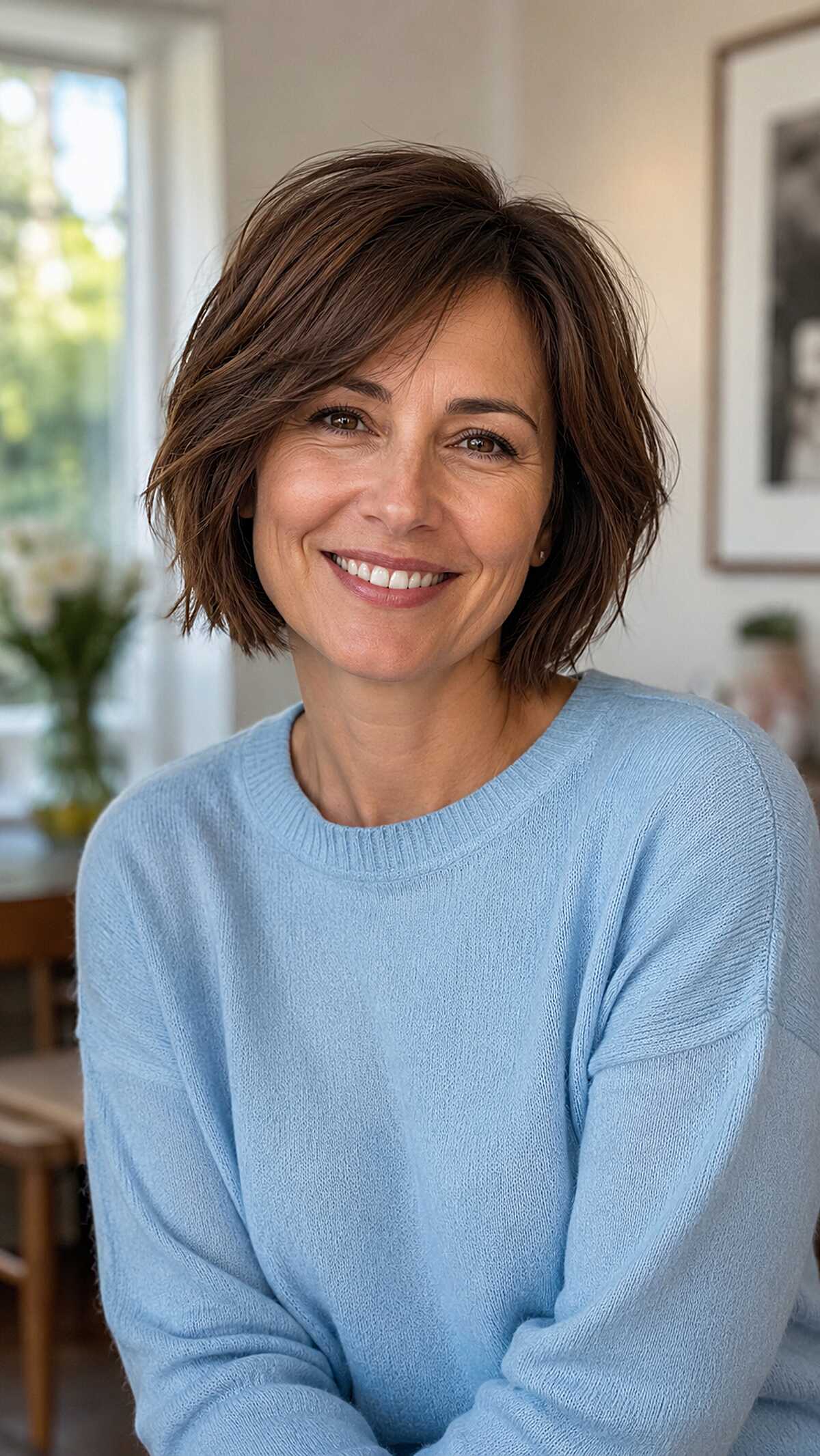 Cool-toned brunette chin-length classic frayed bob