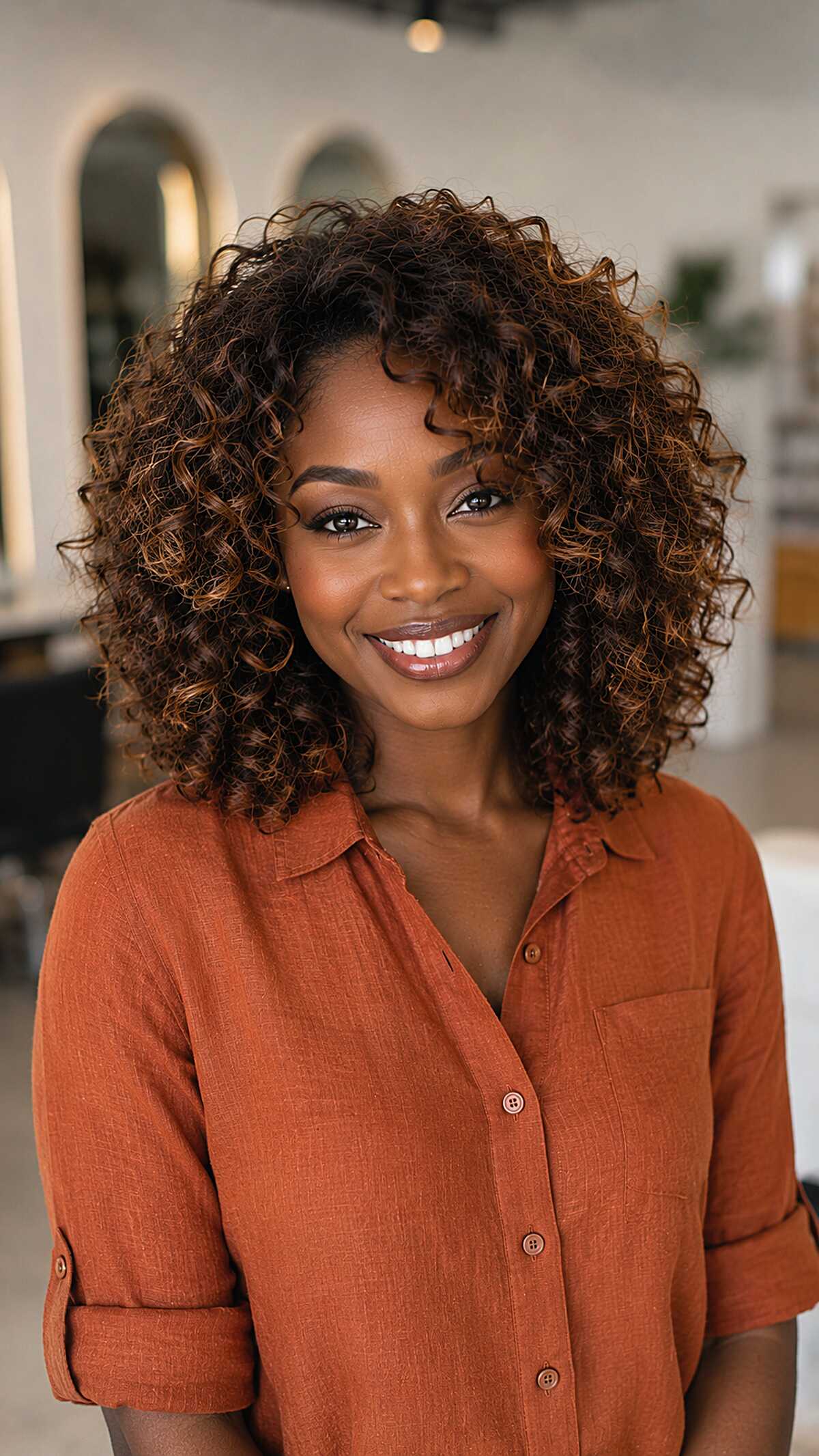 Copper-Kissed Curly Layers with Natural Volume