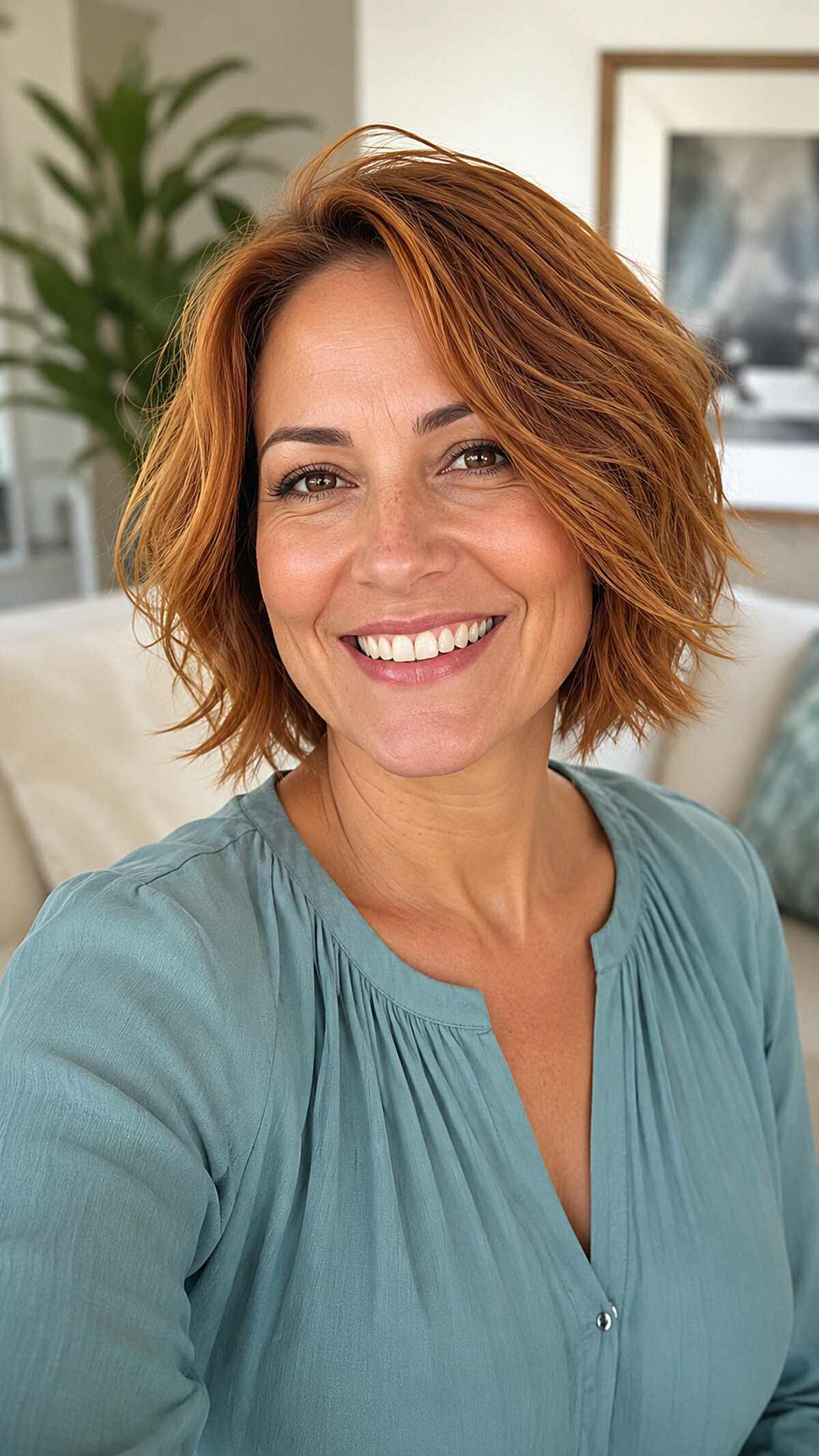 Vibrant copper red frayed bob with textured layers