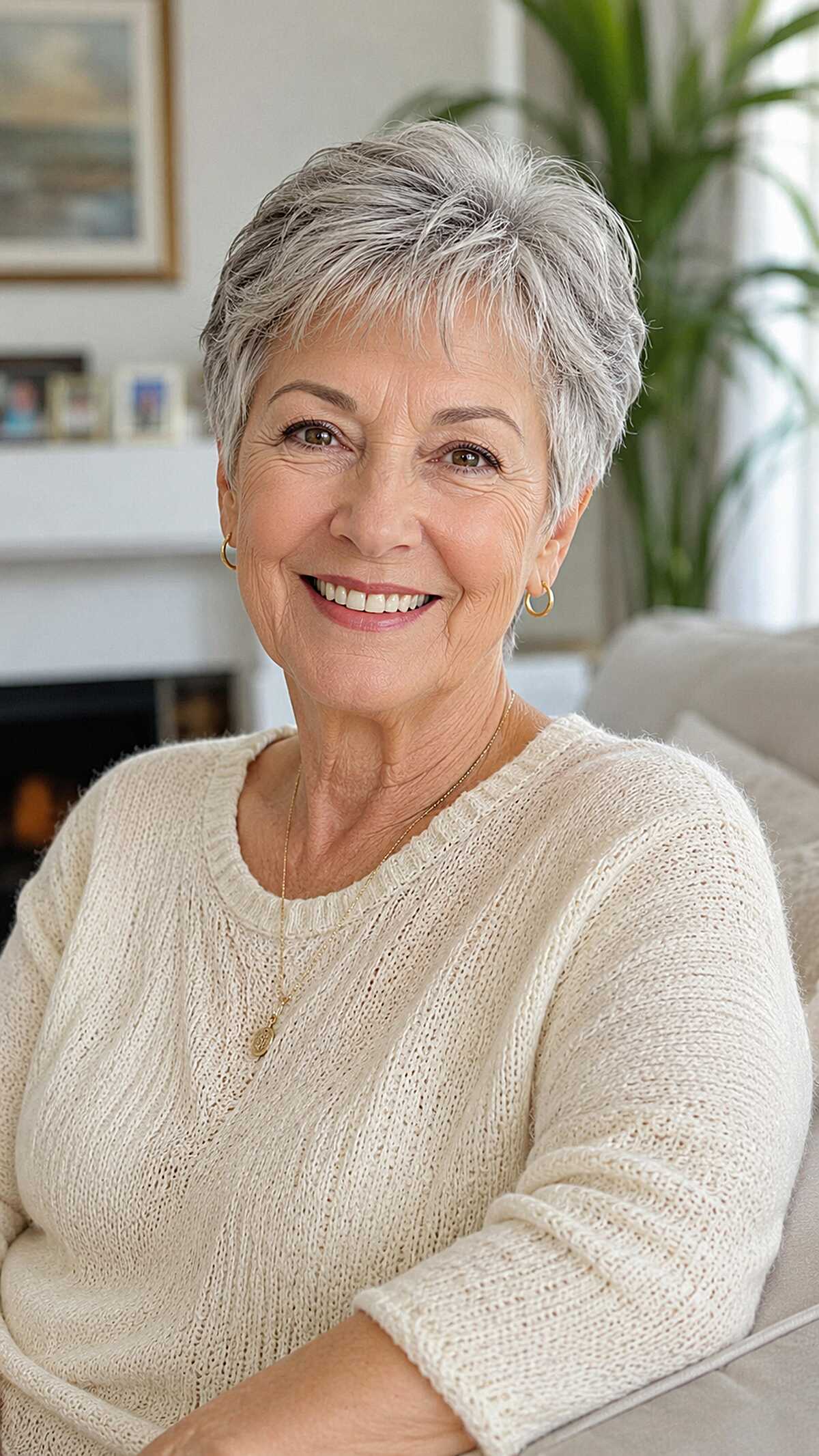 Cropped silver pixie with natural wispy texture