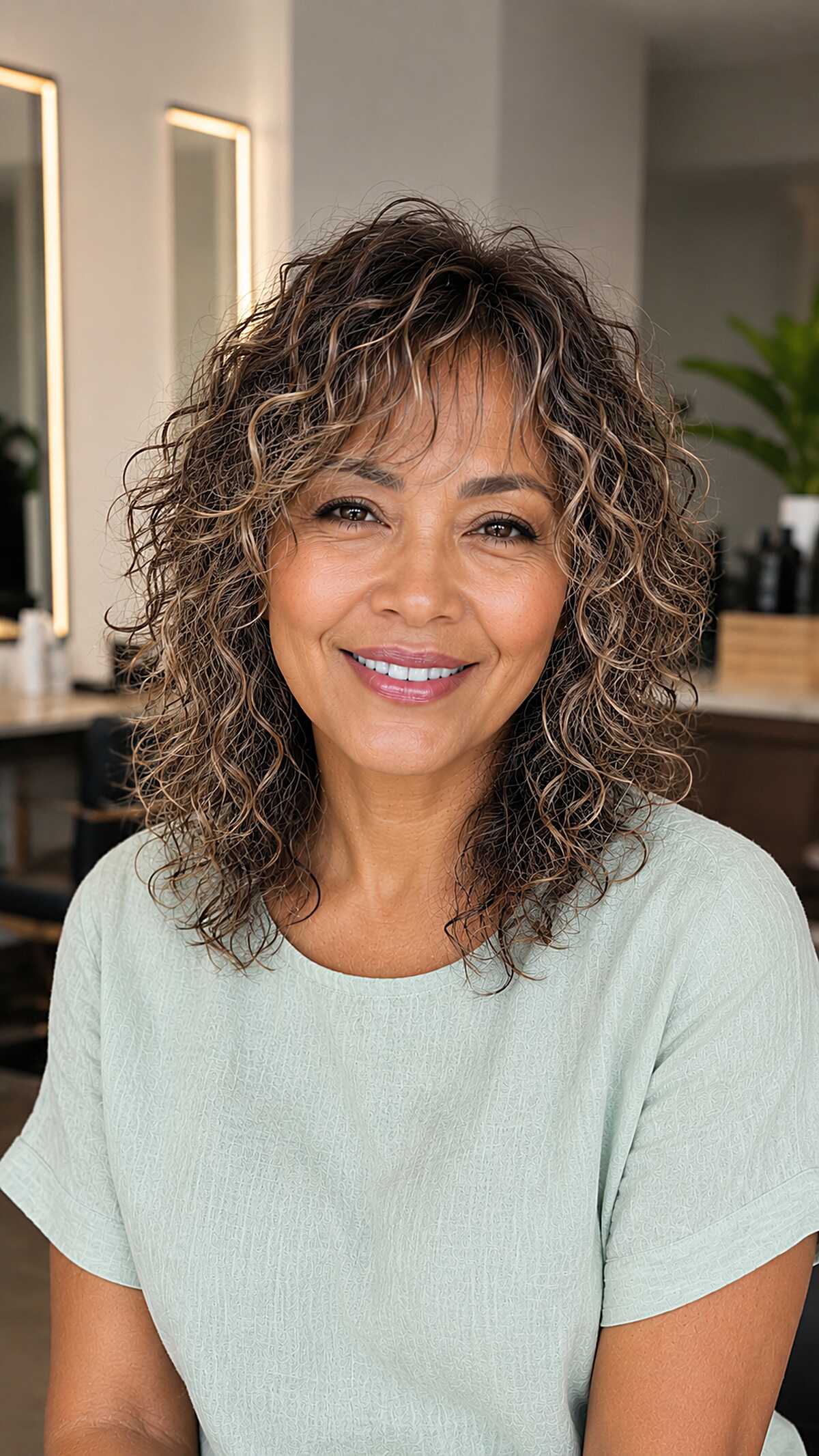 Curly Brunette Shag with Blonde Ribbon Highlights