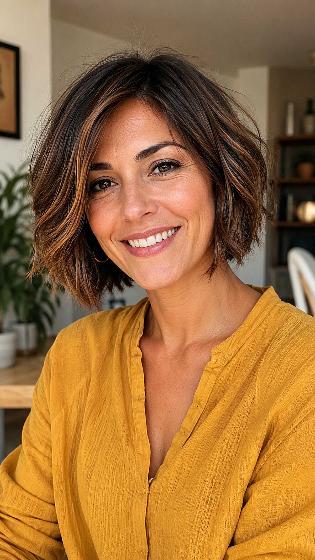 Textured dark brown frayed bob with caramel highlights