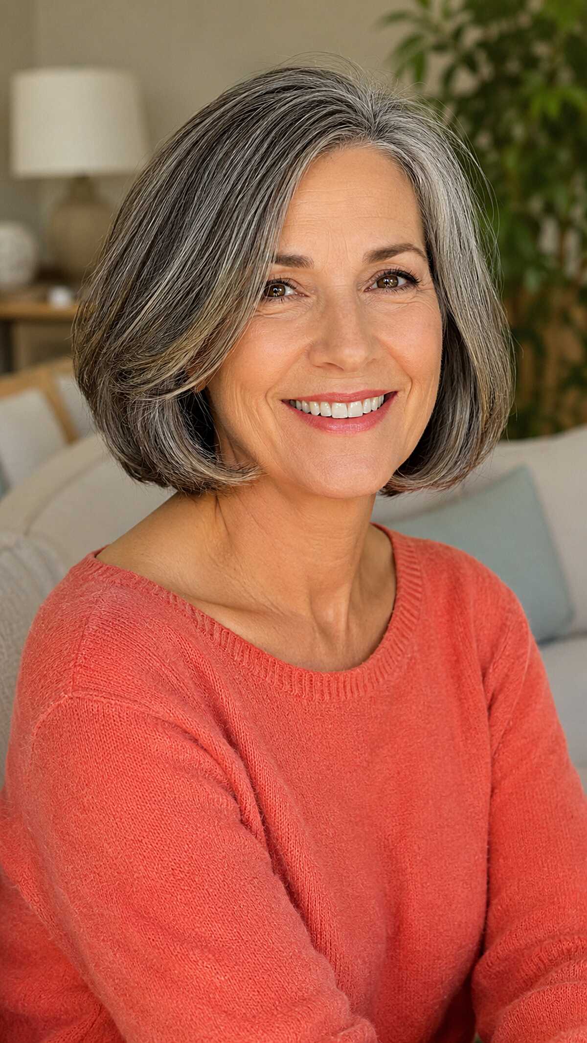 Polished gray bob with dark roots and inward bend