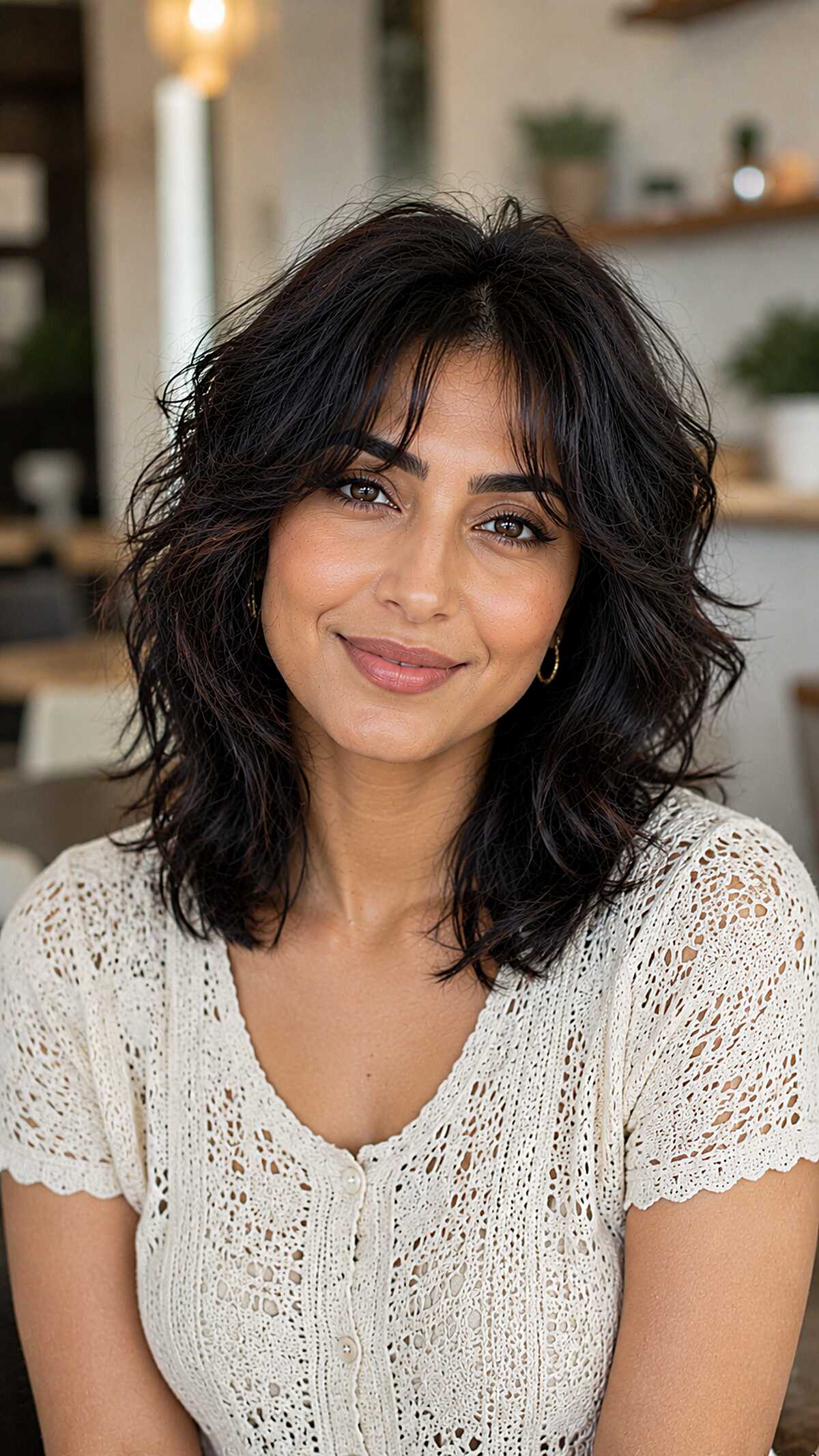 Dark Wavy Shag with Feathered Curtain Bangs