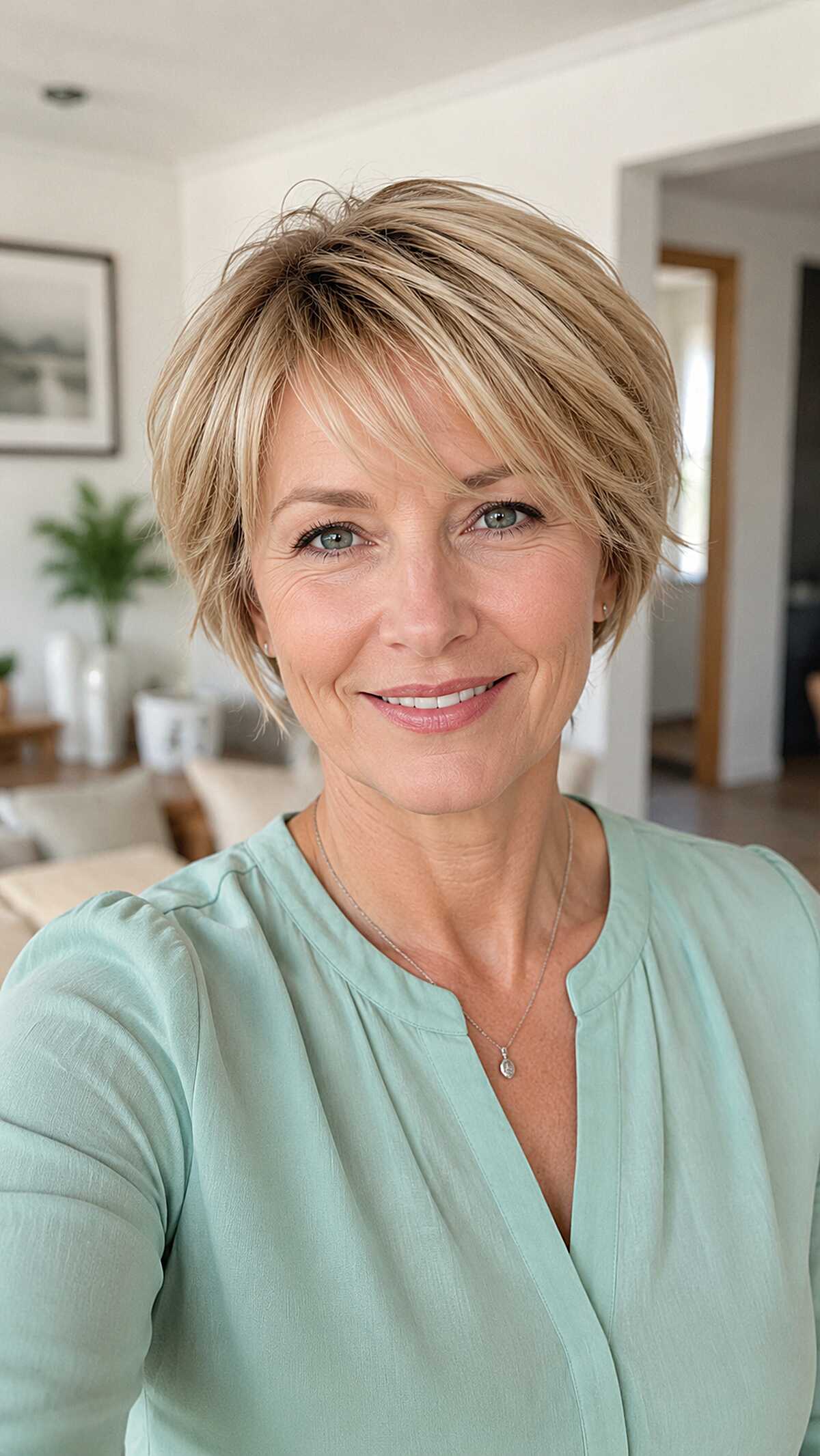 Dirty Blonde Bixie with Textured Fringe and Layers