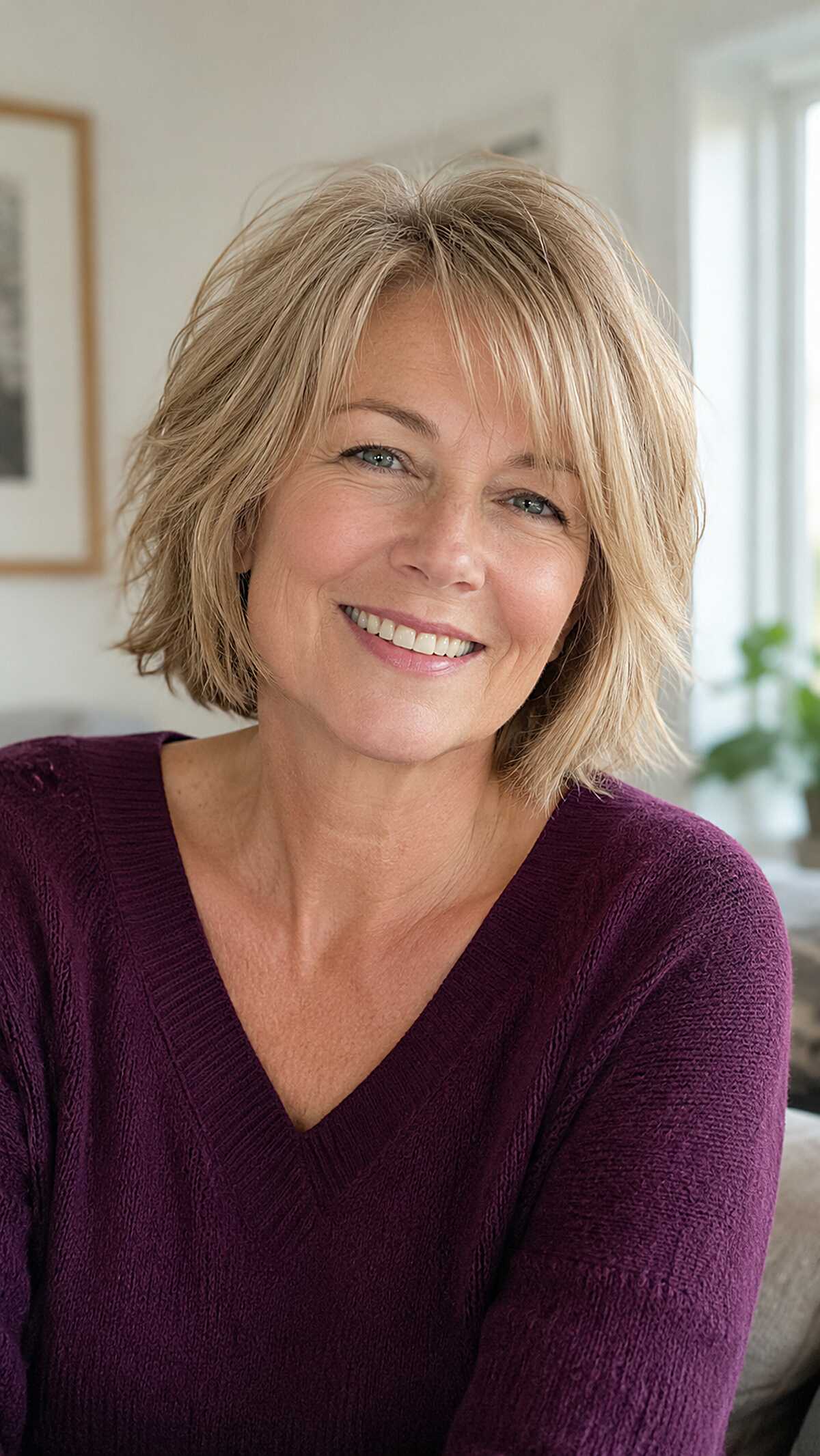 Feathered ash blonde frayed bob with layered fringe