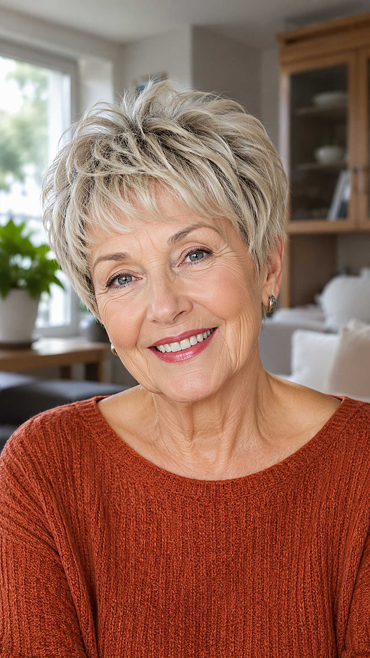 Feathered blonde pixie with lifted crown and tapered sides