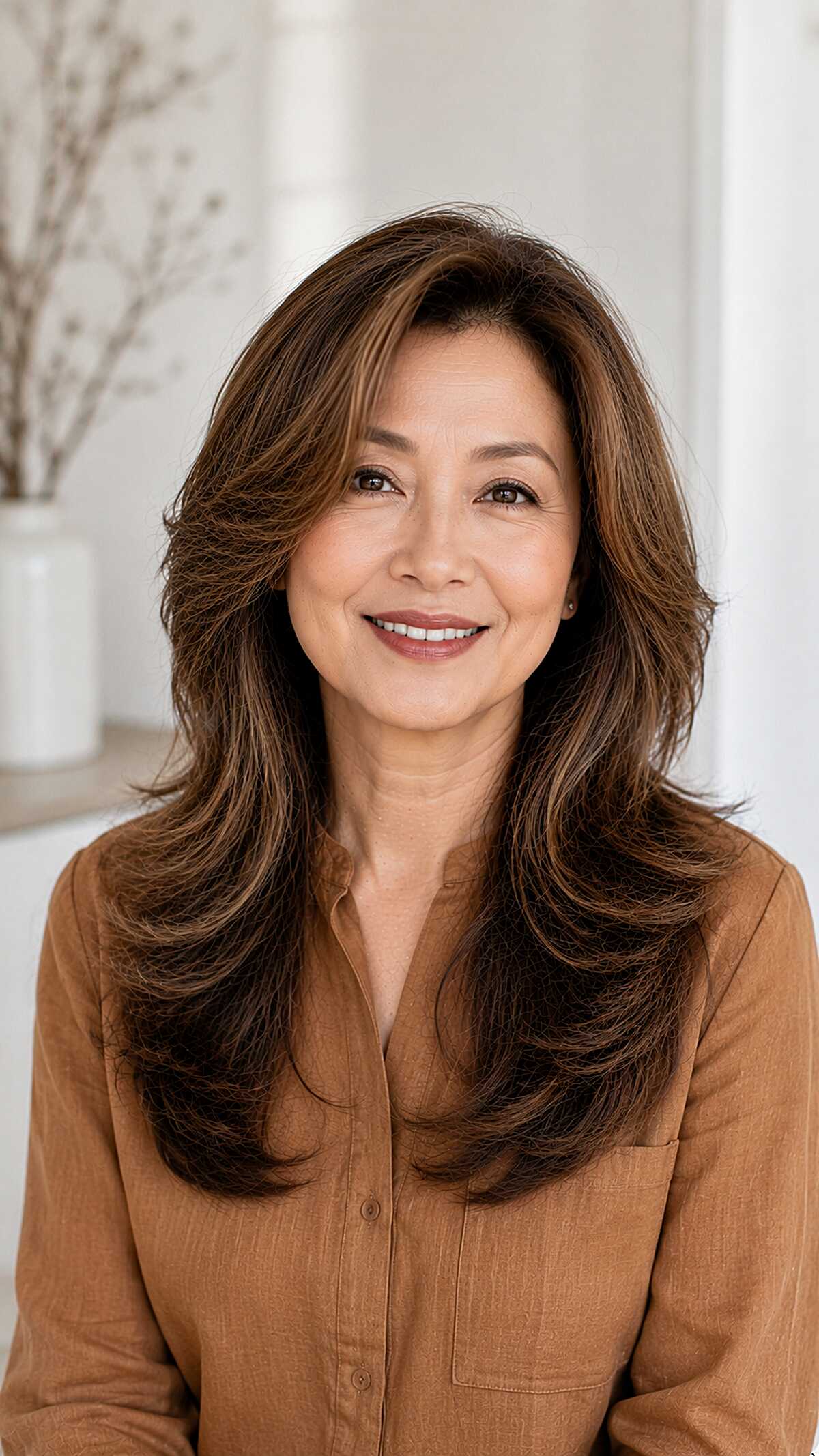 Feathered Brunette Shag with Flipped-Out Midlengths