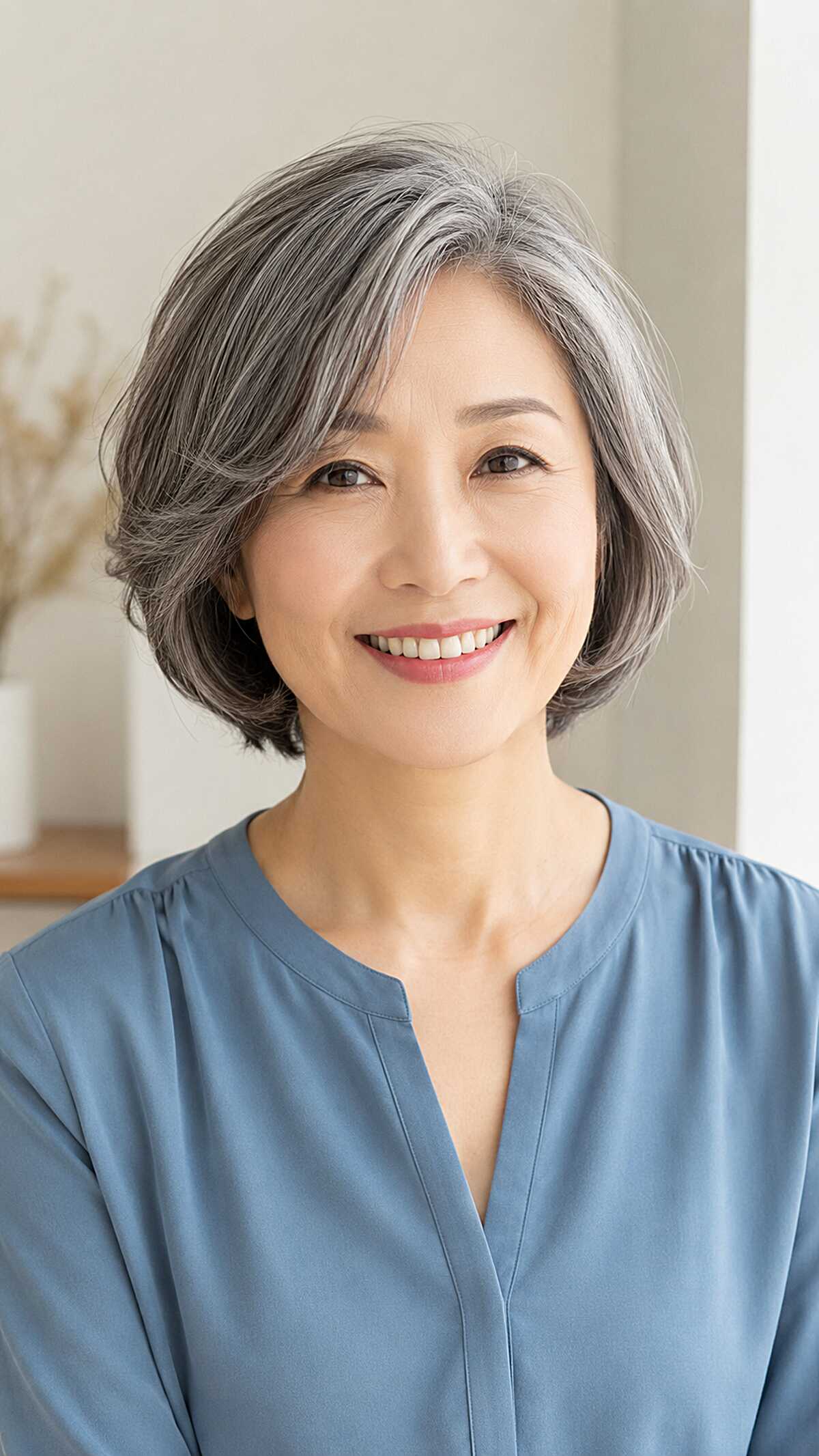 Feathered gray bob with volume and side-swept styling