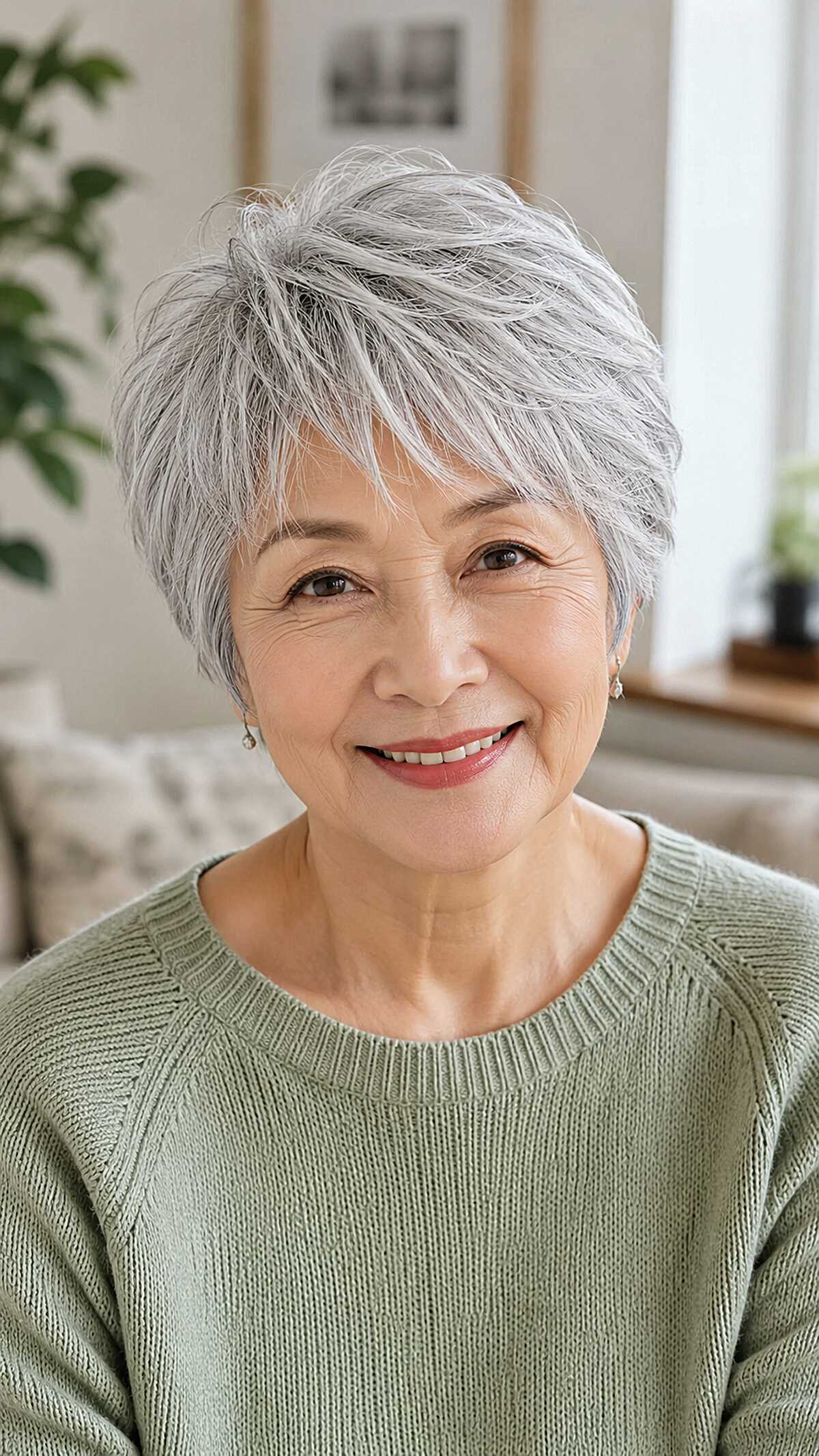 Feathered gray pixie with upward-lifting texture