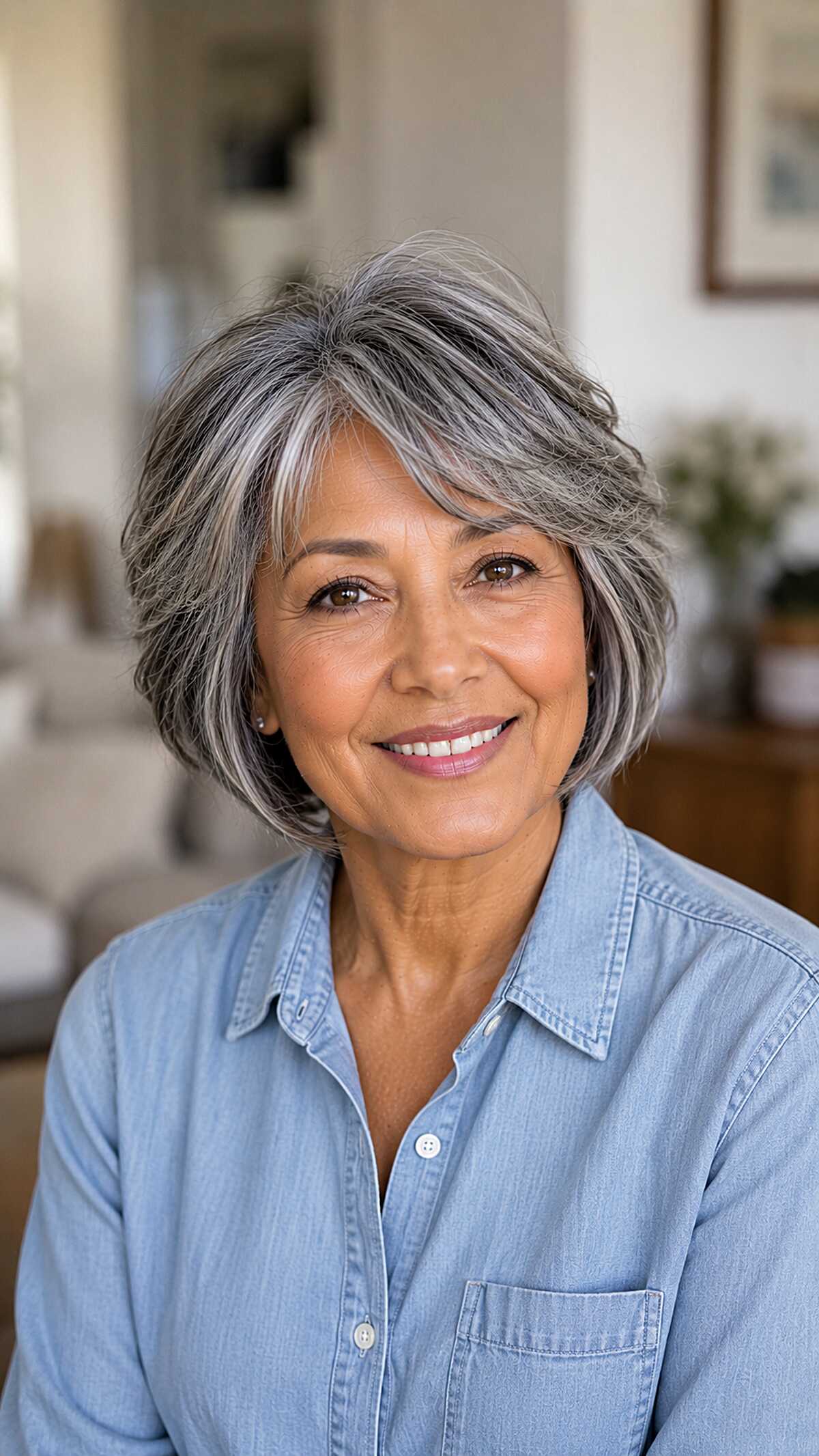 Feathered Jaw-Length Cut with Scattered Silver Highlights