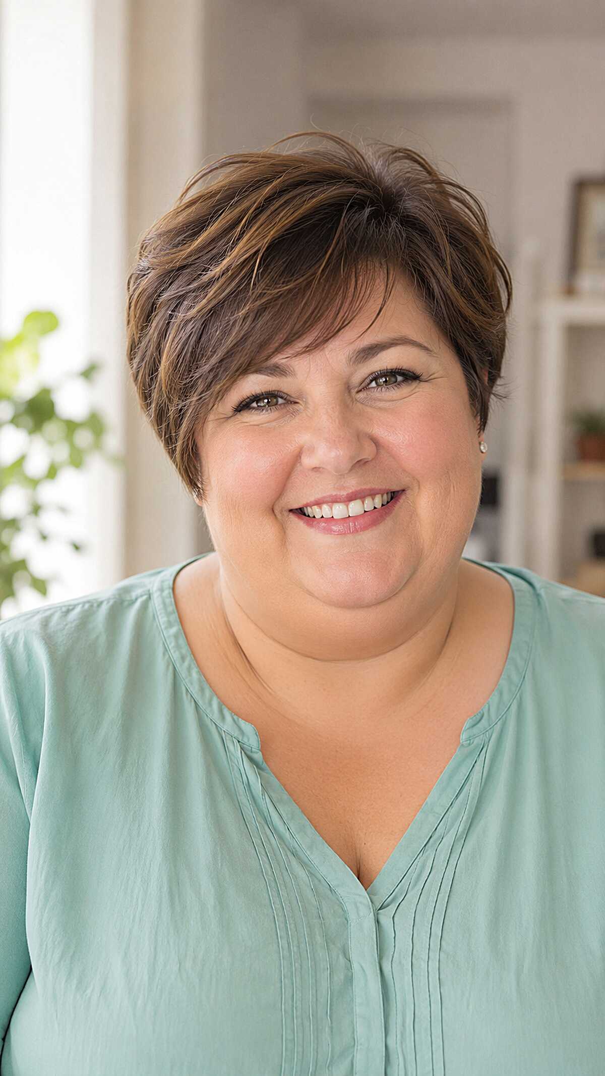 Feathered brown pixie with sun-kissed highlights and texture
