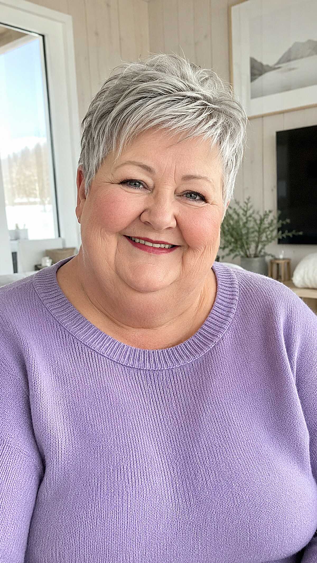 Feathered silver pixie with wispy bangs and tapered nape