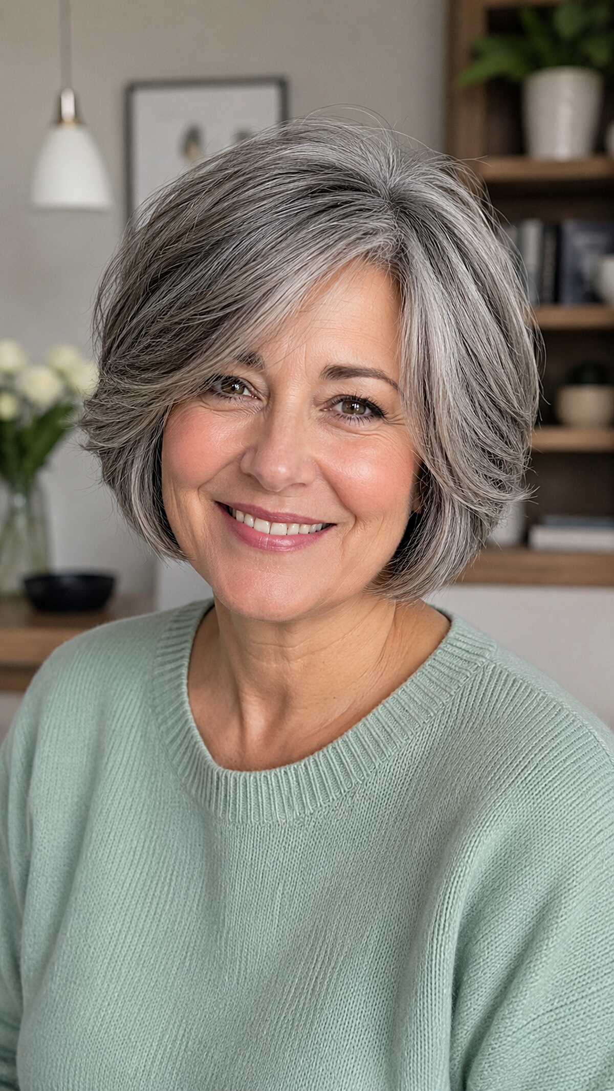 Feathered salt and pepper bob with side bangs