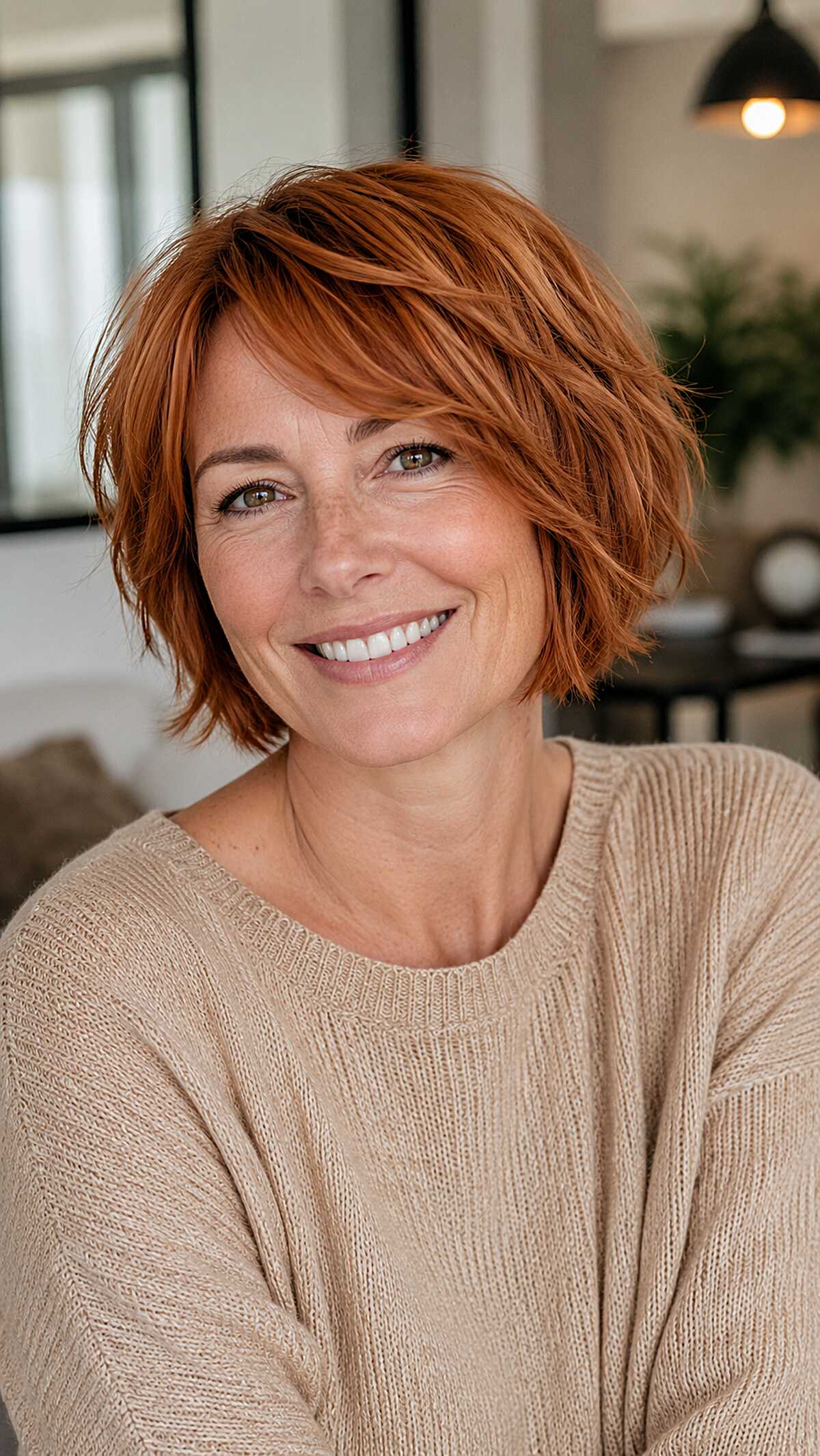 Fiery copper textured frayed bob with wispy bangs