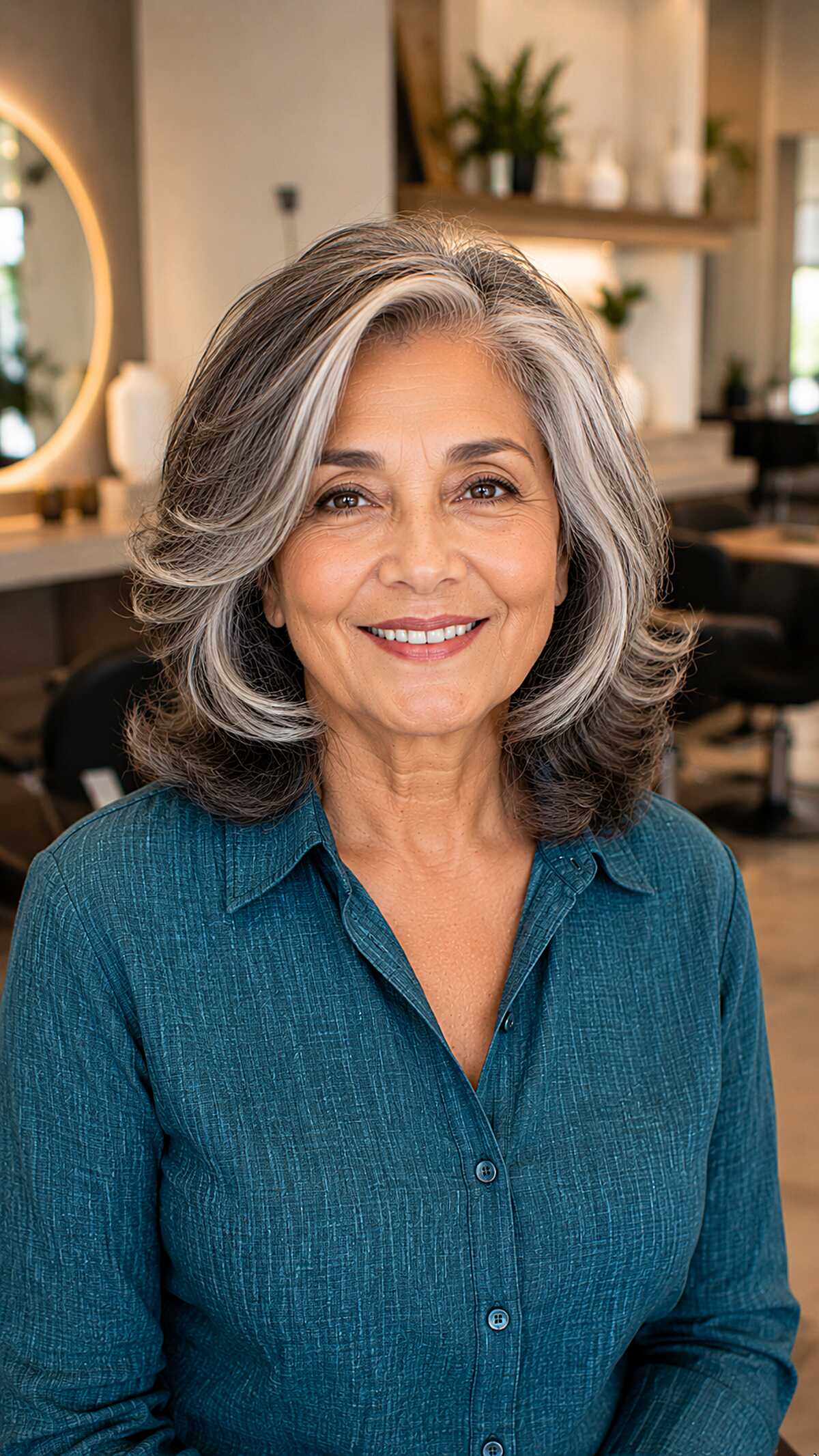 Flippy Collarbone Cut with Silver Ribbons Through Dark Brunette