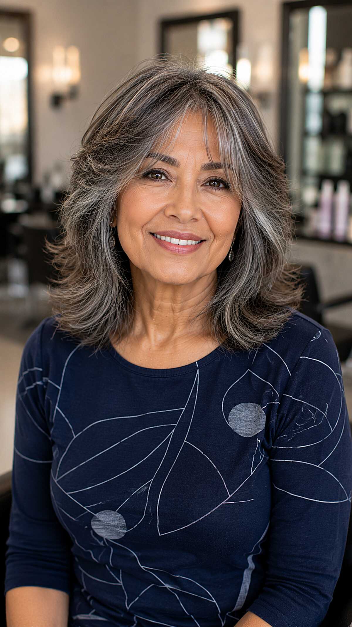 Flippy Medium Shag with Silver Streaks Framing a Round Face