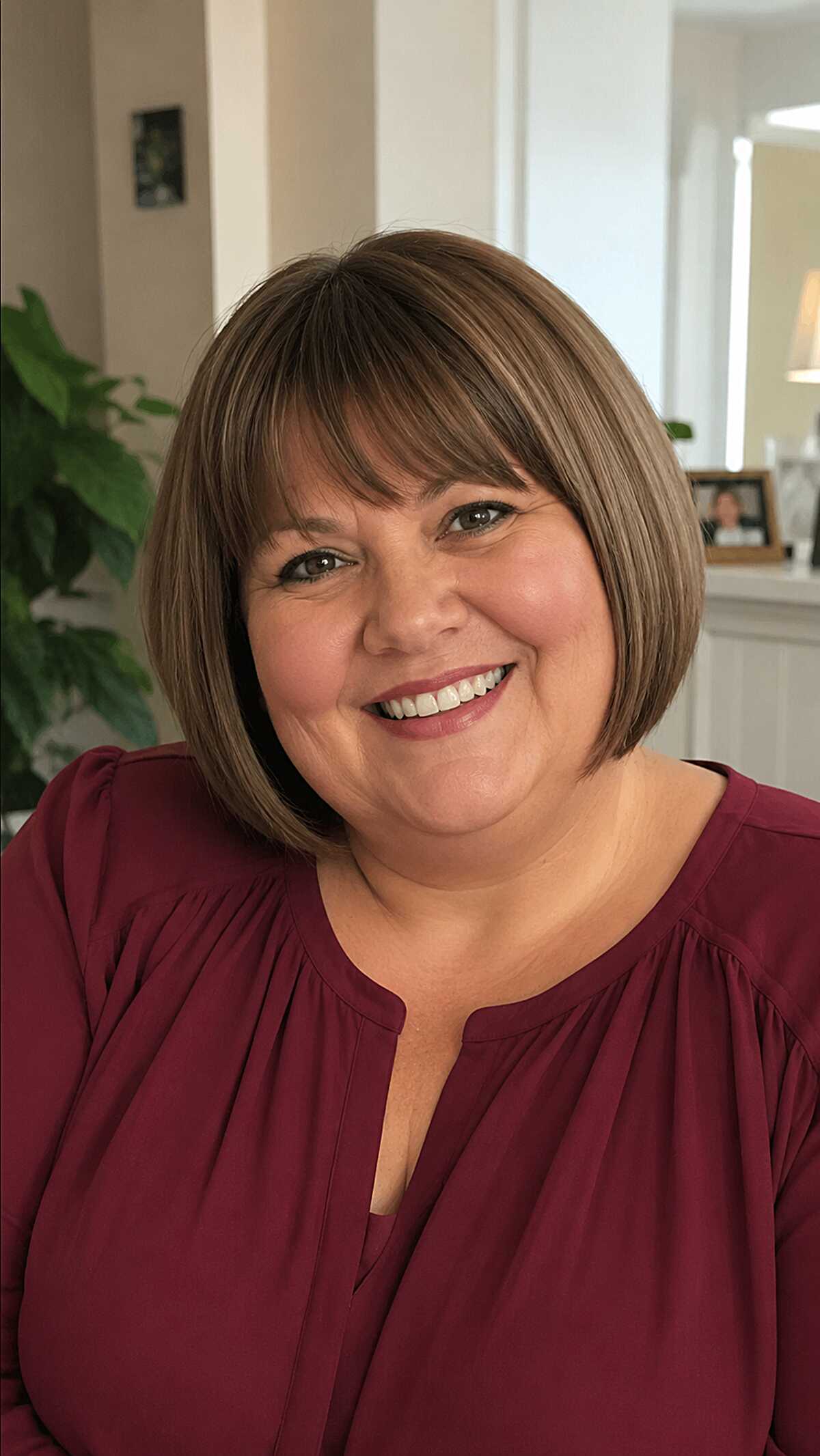 Full rounded bob with blunt bangs in light brown with highlights