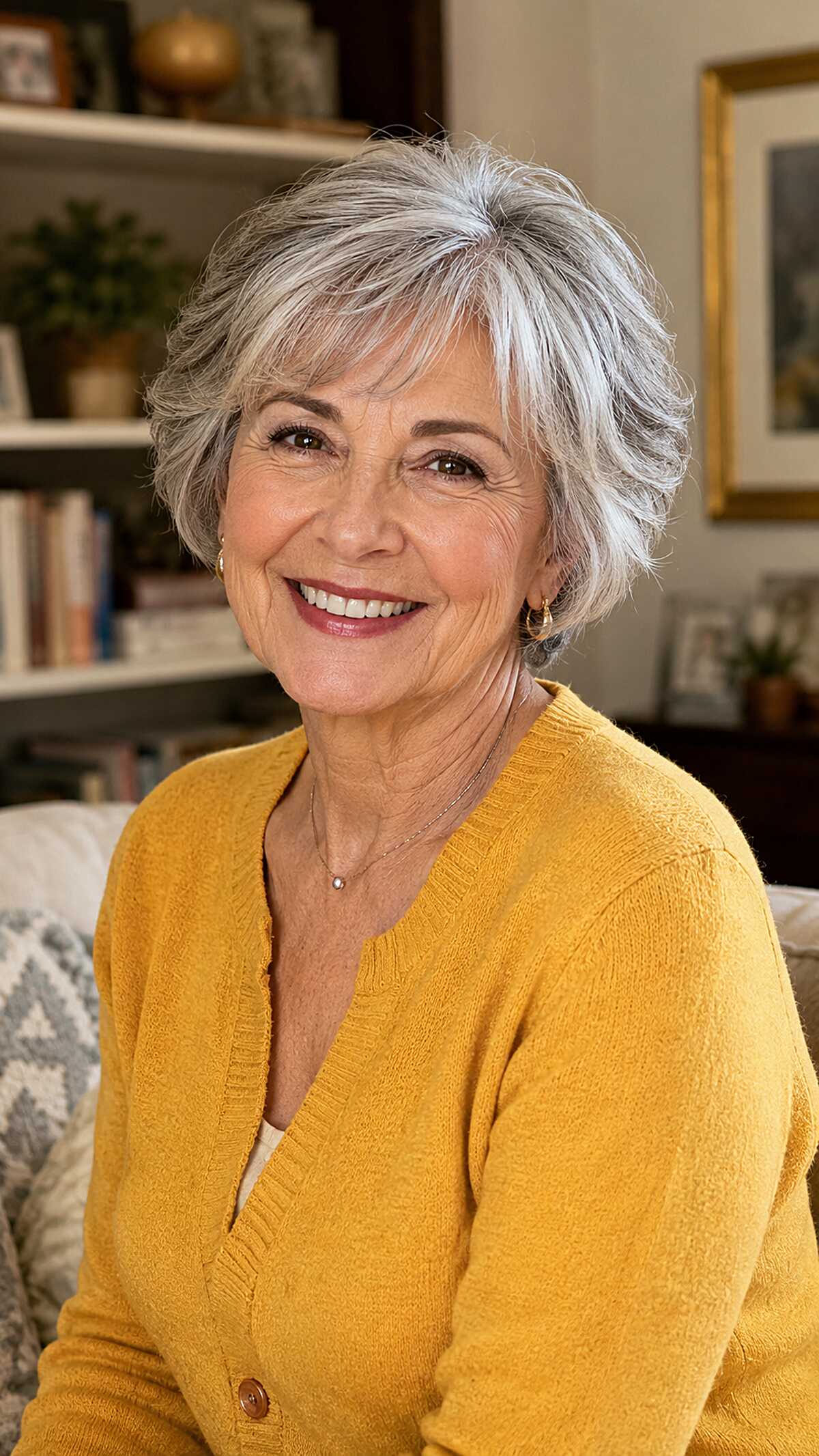 Full-bodied silver gray bob with feathered layers