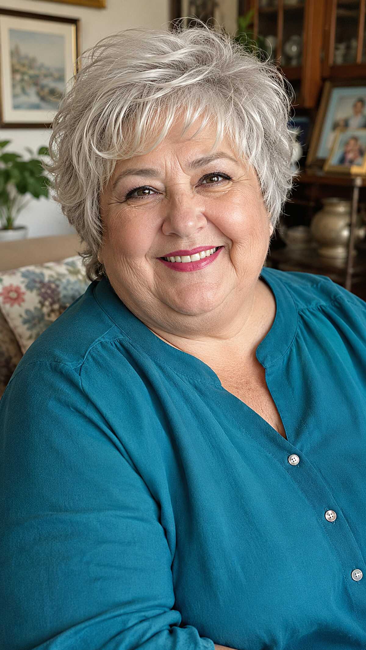 Full-volume curly pixie in silver and white tones