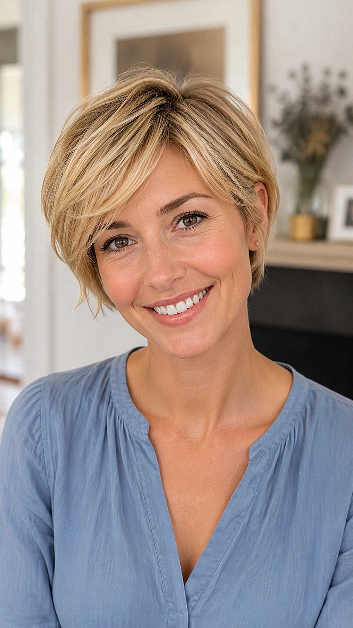 Golden Blonde Bixie with Textured Layers and Side Bangs