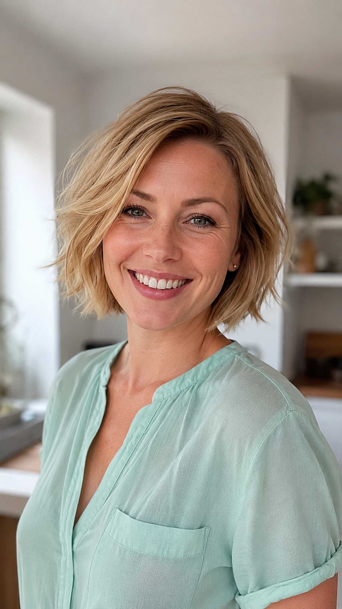 Golden blonde frayed bob with soft waves and side part