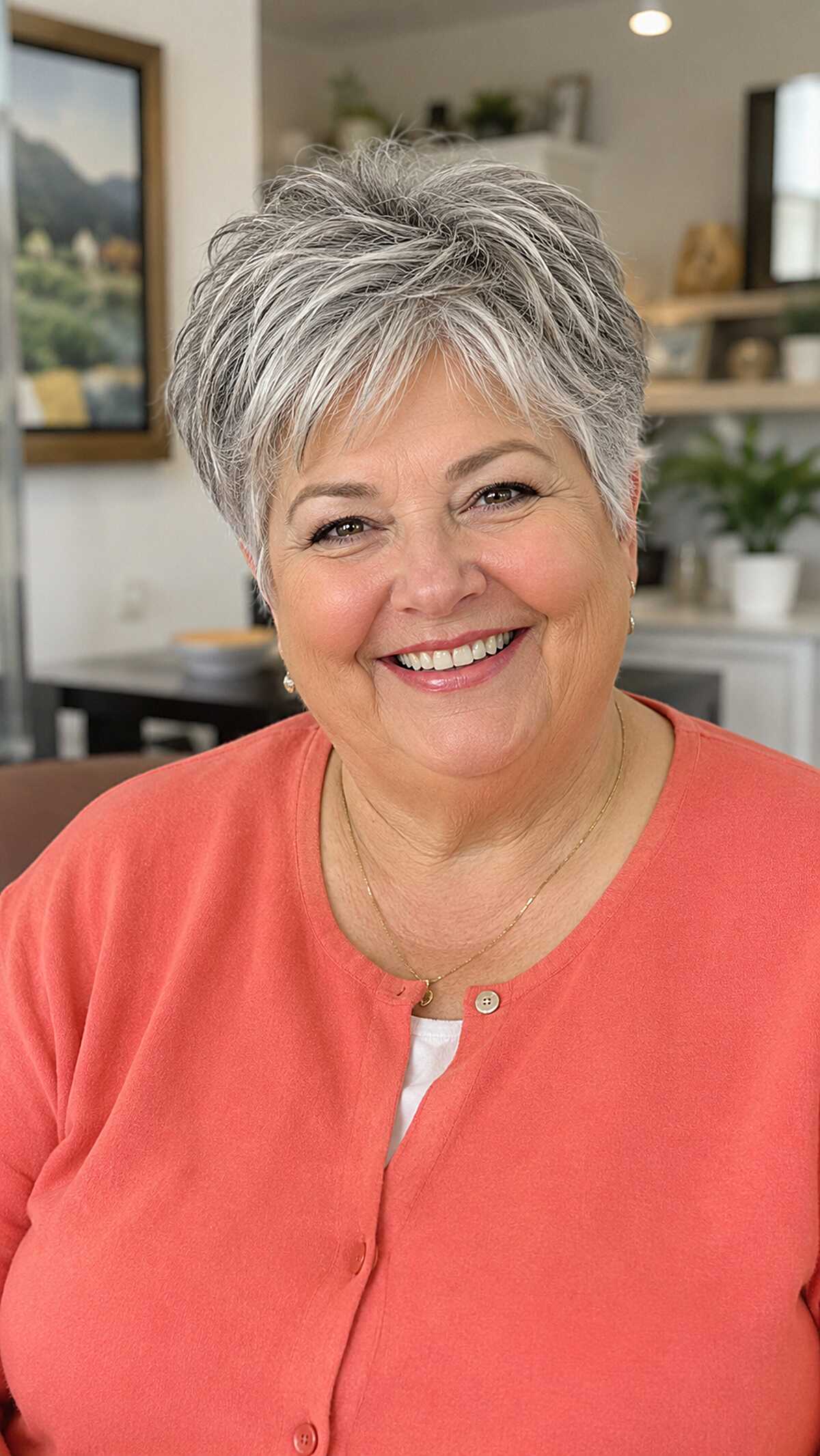 High-contrast salt-and-pepper pixie with layered crown